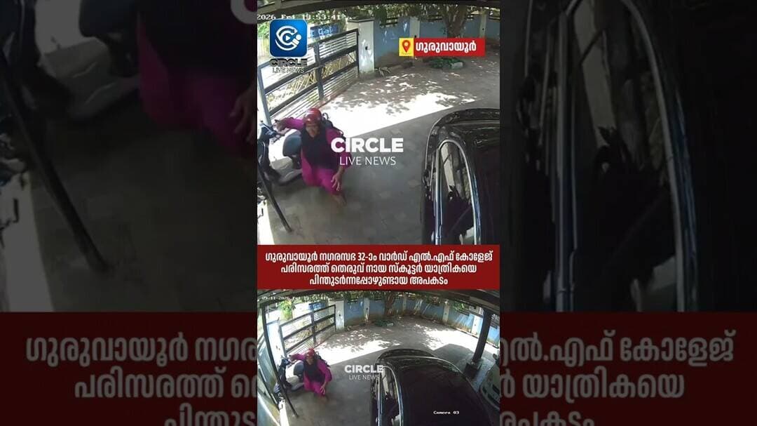 ഗുരുവായൂർ എൽ.എഫ് കോളേജ് പരിസരത്ത് തെരുവ് നായ സ്കൂട്ടർ യാത്രികയെ പിന്തുടർന്നപ്പോഴുണ്ടായ അപകടം