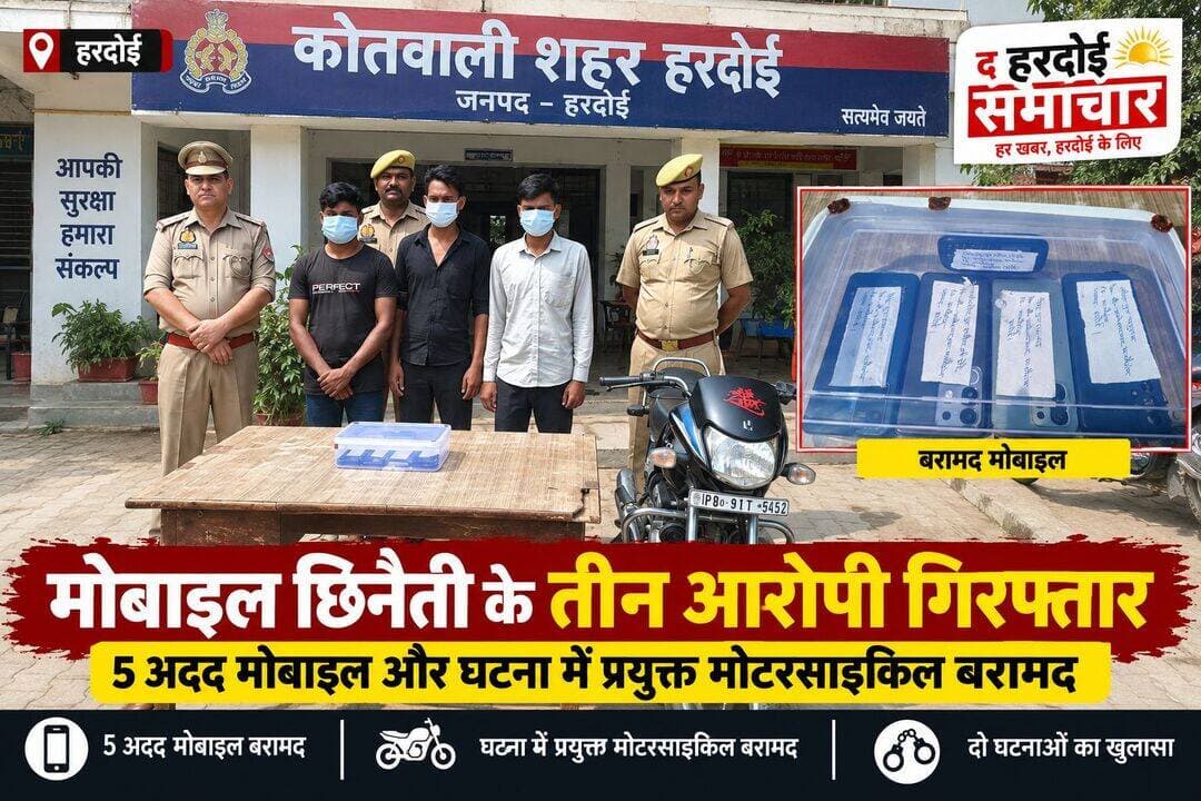 मोबाइल छिनैती की दो घटनाओं का पुलिस ने किया खुलासा, तीन आरोपी गिरफ्तार; 5 अदद मोबाइल और घटना में प्रयुक्त मोटरसाइकिल बरामद
हरदोई। कोतवाली शहर पुलिस ने मोबाइल छिनैती की दो घटनाओं का खुलासा करते हुए तीन शातिर अभियुक्तों को गिरफ्तार किया है। पुलिस ने आरोपियों के कब्जे से छिनैती के पांच मोबाइल फोन और घटना में प्रयुक्त मोटरसाइकिल बरामद की है। बरामदगी एवं विवेचनात्मक कार्रवाई के दौरान संबंधित मुकदमों में बीएनएस की धारा 317(2) की वृद्धि की गई है।
पुलिस के अनुसार 4 सितंबर 2026 को आवास विकास कॉलोनी निवासी अंजलि चौहान पुत्री संतोष कुमार सिंह सुबह करीब 10:40 बजे अपने घर से आजाद नगर ट्यूशन पढ़ने जा रही थीं। कपनी गार्डन के गेट के पास मोटरसाइकिल सवार दो अज्ञात युवकों ने उनका मोबाइल फोन छीन लिया और फरार हो गए। मामले में कोतवाली शहर में मु0अ0सं0 647/26, धारा 309(4) बीएनएस के तहत मुकदमा दर्ज किया गया था।
इसी तरह 8 सितंबर 2026 को वादी धनंजय कुमार पुत्र कैलाश प्रसाद निवासी लक्ष्मी पुरवा, थाना कोतवाली शहर की पुत्री करीब 3:30 बजे घर से बिलग्राम चुंगी की तरफ समोसे लेने जा रही थी। डिवाइन हॉस्पिटल के पास मोटरसाइकिल सवार दो अज्ञात युवकों ने उसका मोबाइल छीन लिया। इस घटना के संबंध में कोतवाली शहर में मु0अ0सं0 648/26, धारा 309(4) बीएनएस के तहत मुकदमा दर्ज किया गया था।
घटनाओं के शीघ्र सफल अनावरण के लिए पुलिस अधीक्षक हरदोई द्वारा टीम गठित कर आवश्यक दिशा-निर्देश दिए गए थे। कोतवाली शहर पुलिस ने त्वरित कार्रवाई करते हुए प्रकाश में आए तीन अभियुक्तों को गिरफ्तार कर लिया।
गिरफ्तार अभियुक्तों की पहचान रीशू पुत्र रामचंद्र, ललित पुत्र परशुराम और रामकिशोर पुत्र रामावतार, सभी निवासी माधौगंज-अमेठकननगर, थाना कोतवाली शहर, जनपद हरदोई के रूप में हुई है।
पुलिस ने आरोपियों के कब्जे से पांच अदद मोबाइल फोन और घटना में प्रयुक्त एक अदद मोटरसाइकिल बरामद की है। पुलिस के मुताबिक गिरफ्तार अभियुक्त ललित का पूर्व में भी आपराधिक इतिहास रहा है। उसके विरुद्ध मु0अ0सं0 156/18, धारा 323/452/504/507 भा.दं.सं. थाना माधौगंज, जनपद हरदोई में मुकदमा दर्ज है।
पुलिस टीम में प्रभारी निरीक्षक संजय त्यागी, उपनिरीक्षक केके यादव, विनीत चौधरी, कांस्टेबल अभिषेक त्यागी, विनय कुमार, अभिषेक शर्मा, विकास बाबू और श्रीनिवास शामिल रहे।