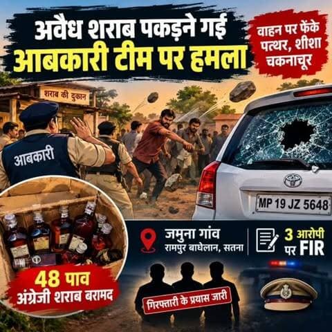 अवैध शराब की कार्रवाई करने पहुंची आबकारी टीम पर पथराव, सरकारी वाहन का शीशा चकनाचूर
तीन आरोपियों पर एफआईआर, मारपीट के प्रयास के बाद बढ़ी भीड़; पुलिस जुटी धरपकड़ में
सतना। रामपुर बाघेलान के जमुना गांव में अवैध शराब के खिलाफ कार्रवाई करने पहुंची आबकारी टीम पर आरोपियों ने हमला कर दिया। शुक्रवार शाम सर्किल-1 ग्रामीण प्रभारी सुदर्शन विक्रमादित्य पांडेय ने लवकुश सिंह पटेल की दुकान पर दबिश दी, जहां तलाशी में 48 पाव अंग्रेजी शराब मिली। पूछताछ के दौरान आरोपी विवाद पर उतर आया और हरिओम सिंह व मूरत साकेत को बुलाकर टीम से मारपीट की कोशिश की। हालात बिगड़ते देख टीम वाहन से लौटने लगी तो आरोपियों ने पत्थर बरसा दिए, जिससे शासकीय कार एमपी 19 जेडएल 5648 का पिछला शीशा टूट गया।
टीम ने रात में ही रामपुर थाने पहुंचकर शिकायत दर्ज कराई। पुलिस ने तीनों आरोपियों के खिलाफ बीएनएस की धारा 296ए, 132, 351(3), 324(4) और 3/5 के तहत केस दर्ज कर उनकी तलाश शुरू कर दी है। कार्रवाई के दौरान प्रधान