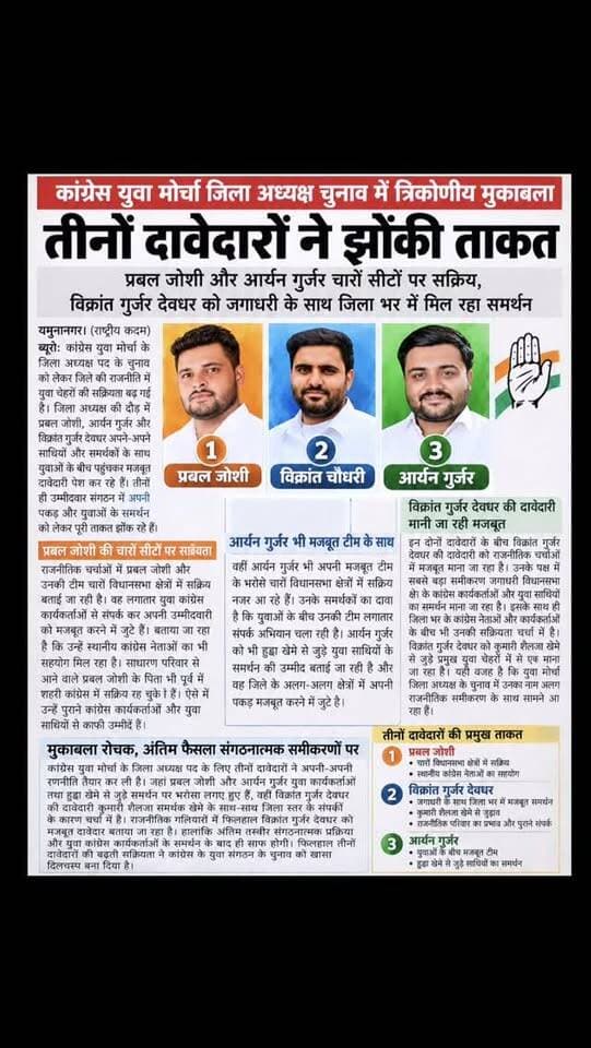 यूथ चुनाव हुआ रोमांचक, कांग्रेस युवा मोर्चा जिला अध्यक्ष चुनाव में त्रिकोनिया मुकाबला, तीनों उम्मीदवारों ने झोंकी ताकत....