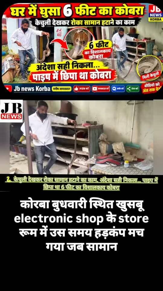 🐍 केचुली देखकर रोका सामान हटाने का काम, अंदेशा सही निकला… पाइप में छिपा था 6 फीट का विशालकाय कोबरा,देखिए विडिओ
https://jbnewskorba.in/🐍-केचुली-देखकर-रोका-सामान/