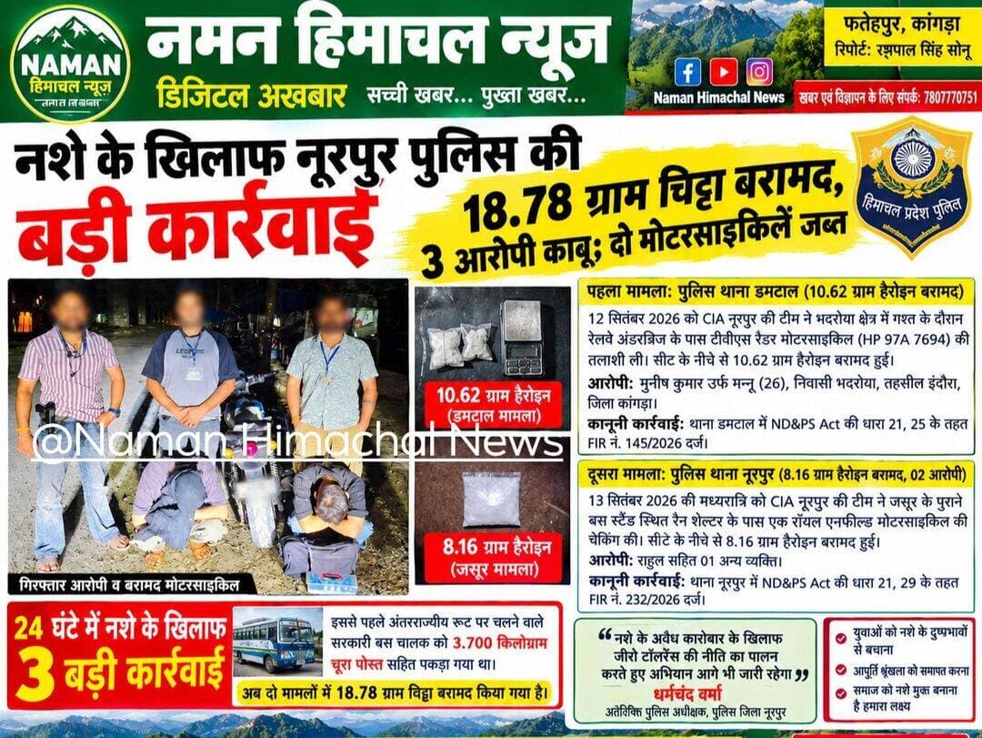 जसूर पुराने बस स्टैंड के रैन शेल्टर के पास 8.16 ग्राम चिट्टा बरामद;डमटाल के भदरोया रेलवे अंडरब्रिज के पास 10.62 ग्राम चिट्टा,3 आरोपी काबू,दो मोटरसाइकिलें जब्त — 24 घंटे में 3 बड़ी कार्रवाइयों से नशा तस्करों में हड़कंप!
<nis:link nis:type=tag nis:id=डमटाल nis:value=डमटाल nis:enabled=true nis:link/> <nis:link nis:type=tag nis:id=भदरोया nis:value=भदरोया nis:enabled=true nis:link/> <nis:link nis:type=tag nis:id=जसूर nis:value=जसूर nis:enabled=true nis:link/> <nis:link nis:type=tag nis:id=नूरपुर nis:value=नूरपुर nis:enabled=true nis:link/> <nis:link nis:type=tag nis:id=चिट्टा nis:value=चिट्टा nis:enabled=true nis:link/> <nis:link nis:type=tag nis:id=नशातस्करी nis:value=नशातस्करी nis:enabled=true nis:link/> <nis:link nis:type=tag nis:id=namanhimachalnews nis:value=namanhimachalnews nis:enabled=true nis:link/>
