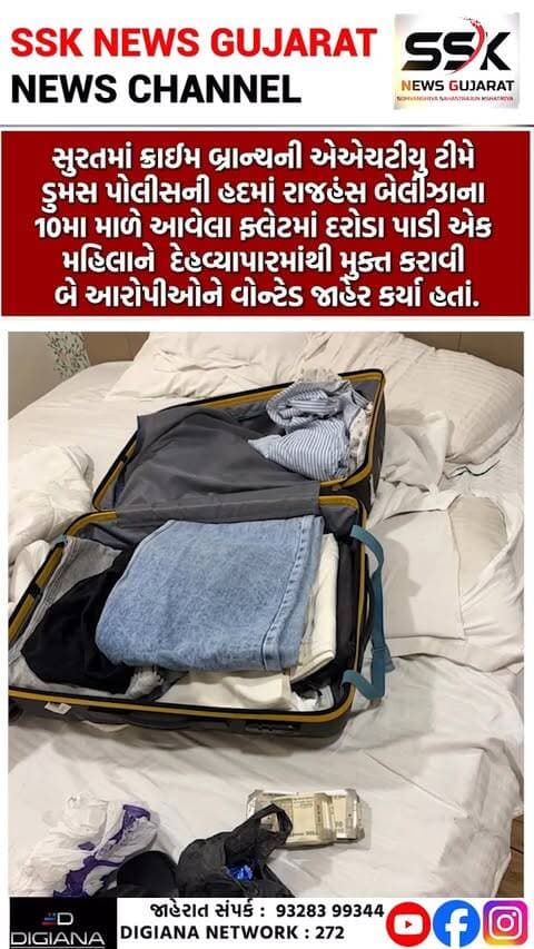 ડુમસમાં ક્રાઈમ બ્રાન્ચની એએચટીયુ ટીમનો દરોડો, મહિલાને દેહવ્યાપારમાંથી મુક્ત કરાવી, બે વોન્ટેડ જાહેર
સુરતમાં ક્રાઈમ બ્રાન્ચની એએચટીયુ ટીમે ડુમસ પોલીસની હદમાં રાજહંસ બેલીઝાના 10મા માળે આવેલા ફ્લેટમાં દરોડા પાડી એક મહિલાને દેહવ્યાપારમાંથી મુક્ત કરાવી બે આરોપીઓને વોન્ટેડ જાહેર કર્યા હતાં..
.
.
.
.
.
.
.
.
#dumas #crimebranch #ahtu #raid #women #free #surat #ssknews