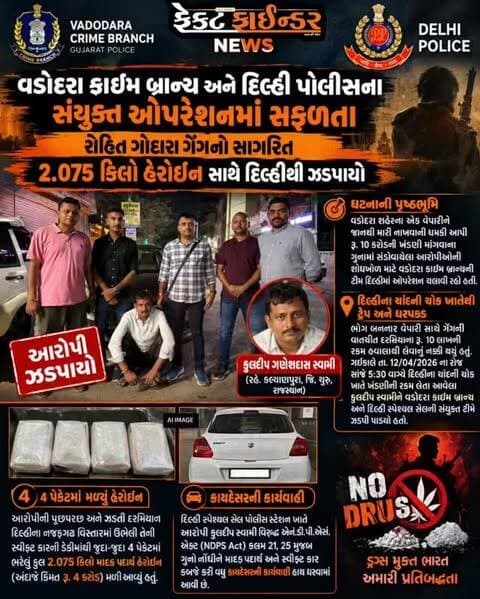 વડોદરા ક્રાઇમ બ્રાન્ચ અને દિલ્હી પોલીસના સંયુક્ત ઓપરેશનમાં સફળતા: રોહિત ગોદારા ગેંગનો સાગરિત 2.075 કિલો હેરોઈન સાથે દિલ્હીથી ઝડપાયો
*Whatsapp* માં સમાચાર મેળવવા માટે નીચેની લિંક પર ક્લિક કરી *Join* કરો.
https://chat.whatsapp.com/D4FMpU5en2I6tjztvmGWt6?s=cl&p=a&mlu=4&ilr=4
#Factfindernews #DCB #delhipolice #NDPS #arrestedvadodara
