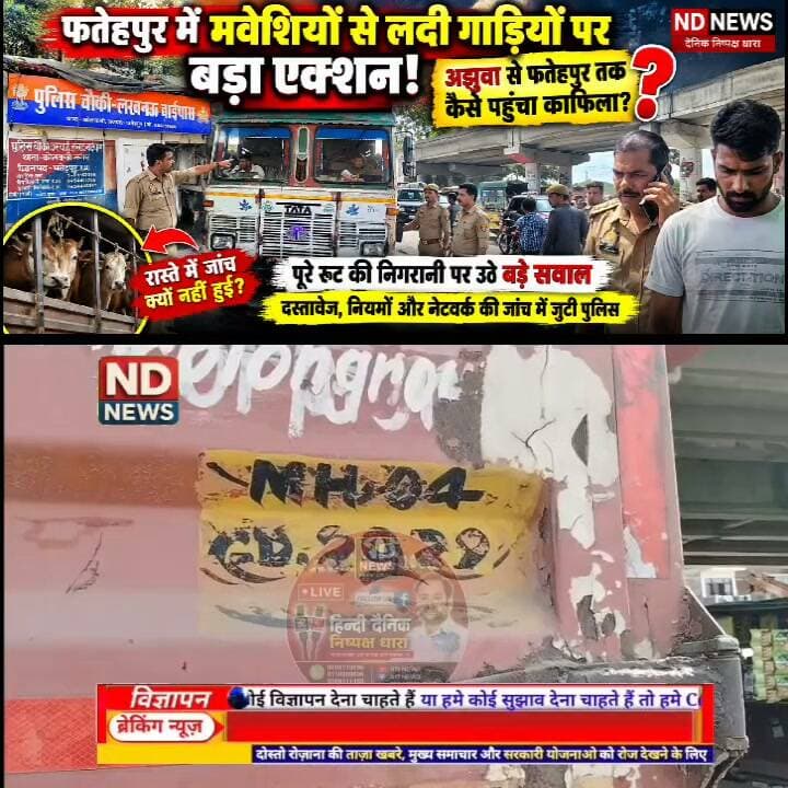 फतेहपुर में मवेशियों से लदी गाड़ियों पर बड़ा एक्शन! अझुवा से फतेहपुर तक कैसे पहुंचा काफिला? जांच में जुटी पुलिस
👇👇
फतेहपुर में मवेशियों से लदी संदिग्ध गाड़ियों पर पुलिस की कार्रवाई के बाद उठे कई सवाल, लखनऊ बाईपास पर वाहनों को रोककर जांच शुरू; अझुवा से फतेहपुर तक पूरे रूट पर निगरानी को लेकर चर्चा, दस्तावेज और परिवहन नियमों की जांच के बाद साफ होगी पूरी तस्वीर
👇👇👇
#NDNews #दैनिकनिष्पक्षधारा #Fatehpur #FatehpurNews #FatehpurPolice #Kotwali #HemantKumarMishra #UPPolice #CattleTransport #AnimalTransport #AnimalSafety #AnimalProtection #PoliceAction #PoliceInvestigation #Azhua #FatehpurUpdate #LawAndOrder #UPNews #UttarPradesh #BreakingNews #LatestNews #HindiNews #NewsUpdate #GroundReport #ViralNews #TrendingNews #PublicIssue #TrafficChecking