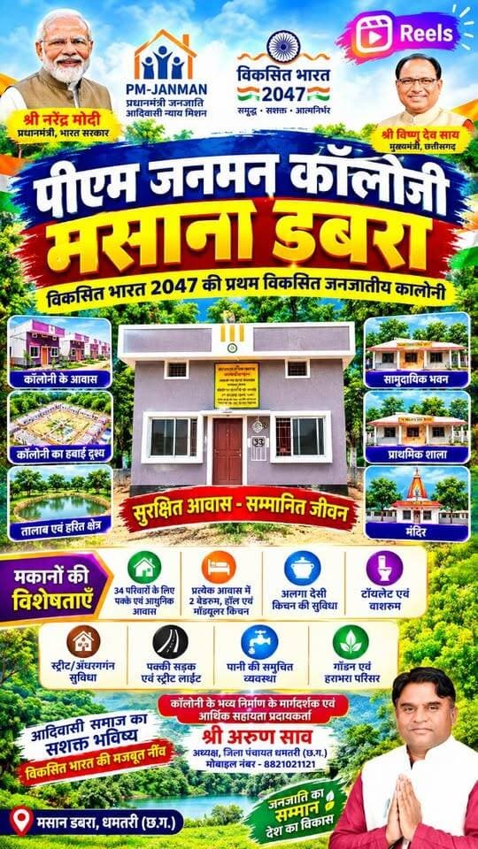 धमतरी जिले के मसान डबरा में पीएम जनमन कॉलोनी का निर्माण आदिवासी समाज के लिए सुरक्षित और सम्मानजनक आवास की दिशा में एक महत्वपूर्ण पहल के रूप में सामने आया है।
कॉलोनी में पक्के आवास के साथ सामुदायिक भवन, प्राथमिक स्कूल, मंदिर, तालाब, पक्की सड़क, स्ट्रीट लाइट, पानी और हरित क्षेत्र जैसी सुविधाएं उपलब्ध कराई गई हैं।
इस पहल का उद्देश्य आदिवासी परिवारों को बेहतर आवास और मूलभूत सुविधाएं उपलब्ध कराते हुए उनके जीवन स्तर को बेहतर बनाना है।
पीएम जनमन कॉलोनी—सुरक्षित आवास, सम्मानित जीवन और विकसित भविष्य की ओर एक कदम।
#mashandabratsk
#mashandabramevikas
#dhamtaricollector #jilapanchayatadhyaksh #dhamtarinews अरुण सार्वा @jilapanchayatdhamtari