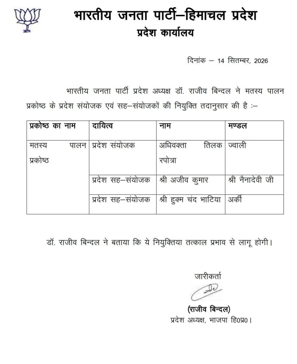 भाजपा प्रदेश अध्यक्ष डॉ राजीव बिंदल ने की नियुक्तियां