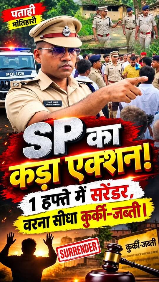 मोतिहारी में एक्शन में SP स्वर्ण प्रभात! अपराधियों पर 20 हजार का इनाम घोषित, कुर्की-जब्ती की चेतावनी
#SPSwarnPrabhat #DoubleMurder #MotihariNews #KurkiJabti #CrimeNews