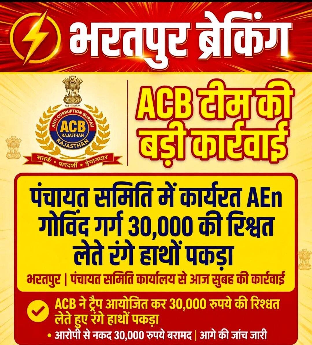 भरतपुर ACB टीम ने पंचायत समिति में तैनात AEn गोविंद गर्ग को 30 हजार रुपये की रिश्वत लेते हुए रंगे हाथों गिरफ्तार किया है