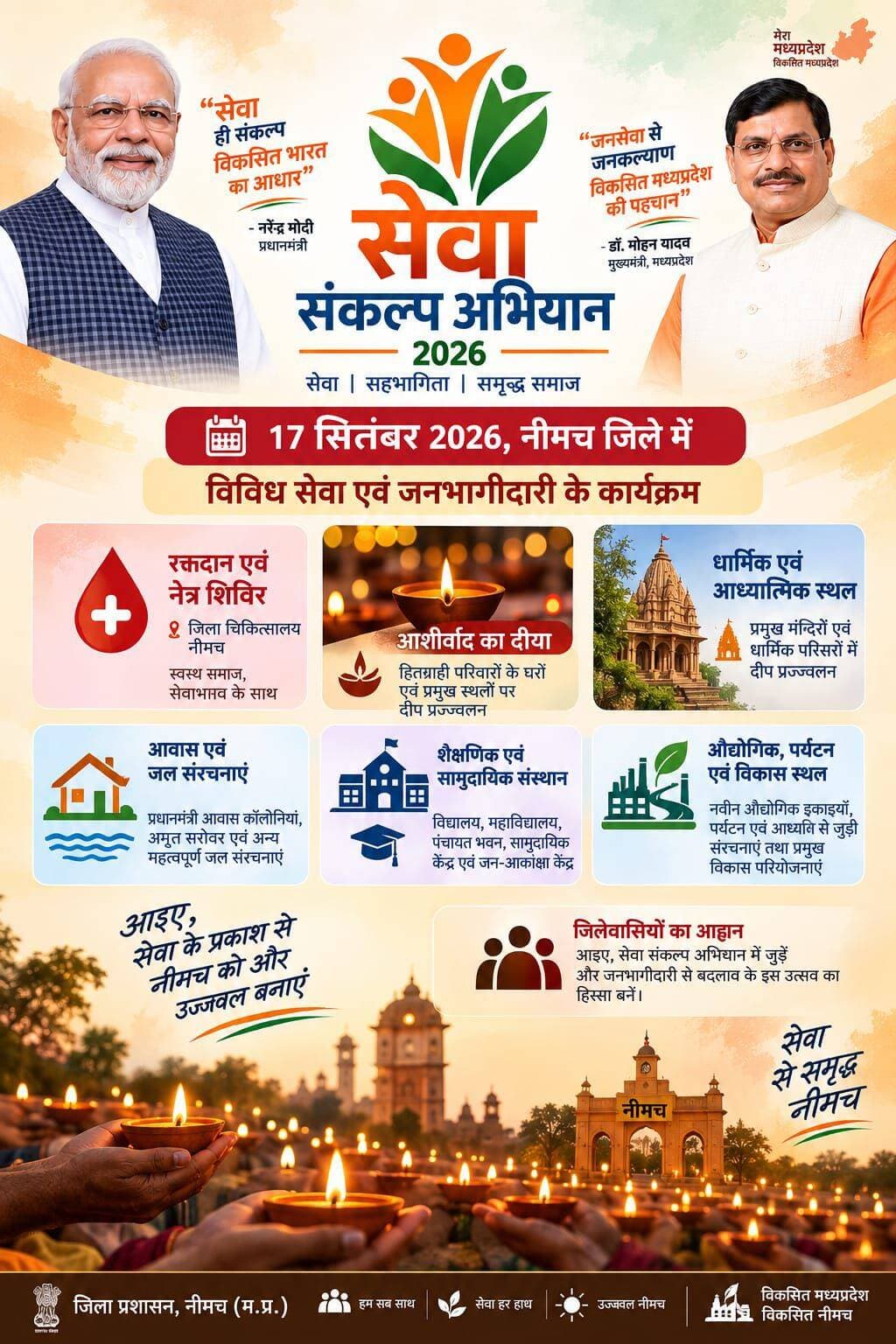 सेवा संकल्प अभियान के तहत 17 सितंबर को जिले में होंगे विविध सेवा एवं जनभागीदारी के कार्यक्रम
रक्तदान एवं नेत्र शिविर से लेकर हितग्राही परिवारों के घरों और प्रमुख स्थलों पर दीप प्रज्ज्वलन तक होंगी गतिविधियां
नीमच, 14 सितंबर 2026। सेवा, सहभागिता और जनभागीदारी की भावना को सशक्त बनाने के उद्देश्य से नीमच जिले में सेवा संकल्प अभियान 2026 के तहत 17 सितंबर को विविध गतिविधियों का आयोजन किया जाएगा। कलेक्टर श्री हिमांशु चंद्रा के निर्देशानुसार अभियान के शुभारंभ अवसर पर जिलेभर में सेवा एवं जनभागीदारी आधारित कार्यक्रम आयोजित किए जाएंगे।
सेवा संकल्प अभियान के तहत प्रमुख गतिविधियां—
- स्वास्थ्य सेवाएं: जिला चिकित्सालय में रक्तदान एवं नेत्र शिविर आयोजित किए जाएंगे।
- आशीर्वाद का दीया: हितग्राही परिवारों के घरों तथा किलेश्वर महादेव मंदिर, स्मृति धाम, स्वतंत्रता सेनानी मूर्ति चौराहा सहित जिले के प्रमुख धार्मिक, आध्यात्मिक एवं प्रतिष्ठित स्थलों पर दीप प्रज्ज्वलन किया जाएगा।
- धार्मिक एवं आध्यात्मिक स्थल: जिले के प्रमुख मंदिरों, नव-निर्मित मंदिरों एवं धार्मिक परिसरों को “आशीर्वाद का दीया” कार्यक्रम से जोड़ा जाएगा।
- आवास एवं जल संरचनाएं: प्रधानमंत्री आवास योजना की कॉलोनियों, अमृत सरोवर एवं अन्य महत्वपूर्ण जल संरचनाओं पर भी दीप प्रज्ज्वलन होगा।
- शैक्षणिक एवं सामुदायिक संस्थान: मेडिकल कॉलेज, विद्यालय-महाविद्यालय, पंचायत भवन, सामुदायिक केंद्र एवं जन-आकांक्षा केंद्रों में जनभागीदारी से गतिविधियां आयोजित की जाएंगी।
- औद्योगिक, पर्यटन एवं विकास स्थल: ऊर्जा एवं नवीकरणीय ऊर्जा से जुड़ी नवीन औद्योगिक इकाइयों, पर्यटन एवं आध्यात्म से जुड़ी प्रमुख संरचनाओं तथा नगरीय-ग्रामीण विकास की महत्वपूर्ण परियोजनाओं को अभियान से जोड़ा जाएगा।
व्यापक जनभागीदारी का लक्ष्य
अभियान के तहत प्रत्येक ग्राम पंचायत एवं नगर पालिका वार्ड में न्यूनतम 500 दीपक तथा प्रत्येक नगर परिषद द्वारा 250 दीपक प्रज्ज्वलित किए जाने का लक्ष्य निर्धारित किया गया है।
कलेक्टर श्री हिमांशु चंद्रा ने संबंधित अधिकारियों को गतिविधियों के सफल आयोजन के लिए आवश्यक समन्वय एवं व्यवस्थाएं सुनिश्चित करने के निर्देश दिए हैं। अभियान के माध्यम से जिले में सेवा भावना, सामाजिक सहभागिता और जनभागीदारी को व्यापक रूप से प्रोत्साहित किया जाएगा।
PMO India
CM Madhya Pradesh
Jansampark Madhya Pradesh
<nis:link nis:type=tag nis:id=सेवा_संकल्प_अभियान_2026 nis:value=सेवा_संकल्प_अभियान_2026 nis:enabled=true nis:link/>
<nis:link nis:type=tag nis:id=आशीर्वाद_का_दीया nis:value=आशीर्वाद_का_दीया nis:enabled=true nis:link/>
<nis:link nis:type=tag nis:id=neemuch nis:value=Neemuch nis:enabled=true nis:link/>
<nis:link nis:type=tag nis:id=नीमच nis:value=नीमच nis:enabled=true nis:link/>