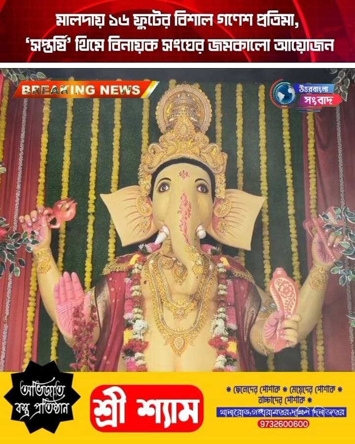 মালদায় ১৬ ফুটের বিশাল গণেশ প্রতিমা, ‘সপ্তর্ষি’ থিমে বিনায়ক সংঘের জমকালো আয়োজন
#BreakingNews
#malda