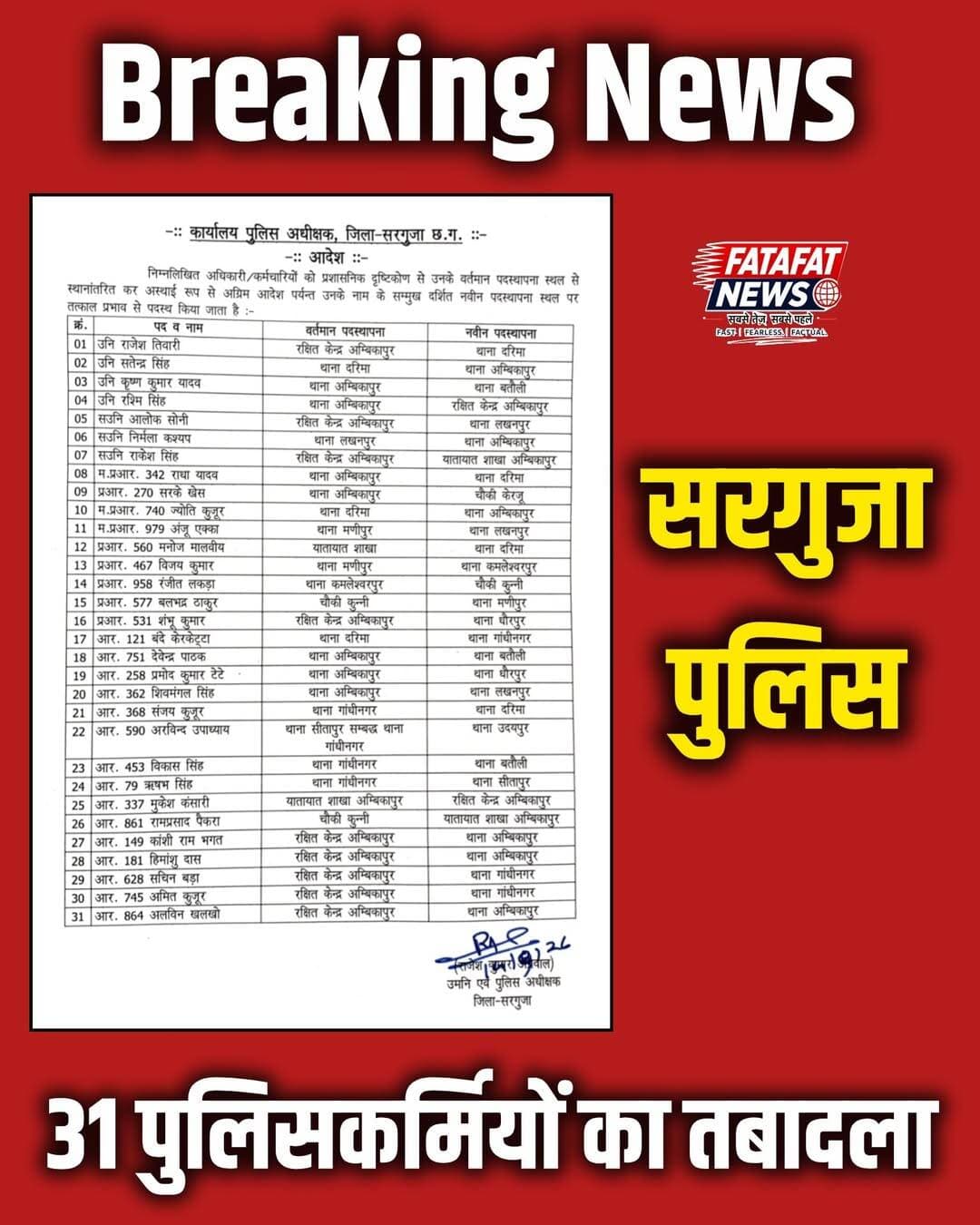सरगुजा पुलिस में फेरबदल, 31 पुलिसकर्मियों का तबादला!
<nis:link nis:type=tag nis:id=policetransfer nis:value=PoliceTransfer nis:enabled=true nis:link/> <nis:link nis:type=tag nis:id=cgpolice nis:value=CGPolice nis:enabled=true nis:link/>