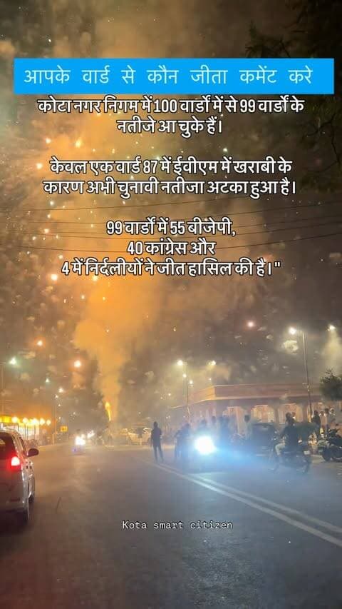 कोटा नगर निगम में 100 वार्डों में से 99 वार्डों के नतीजे आ चुके हैं।
केवल एक वार्ड 87 में ईवीएम में खराबी के कारण अभी चुनावी नतीजा अटका हुआ है।
99 वार्डों में 55 बीजेपी,
40 कांग्रेस और
4 में निर्दलीयों ने जीत हासिल की है।”