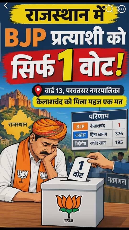 डीडवाना के परबतसर नगर पालिका के वार्ड 13 में बीजेपी के उम्मीदवार कैलाश चंद्र को सिर्फ एक वोट मिला है मतलब अपना परिवार भी नहीं दिया वोट! #bdbiharjharkhand