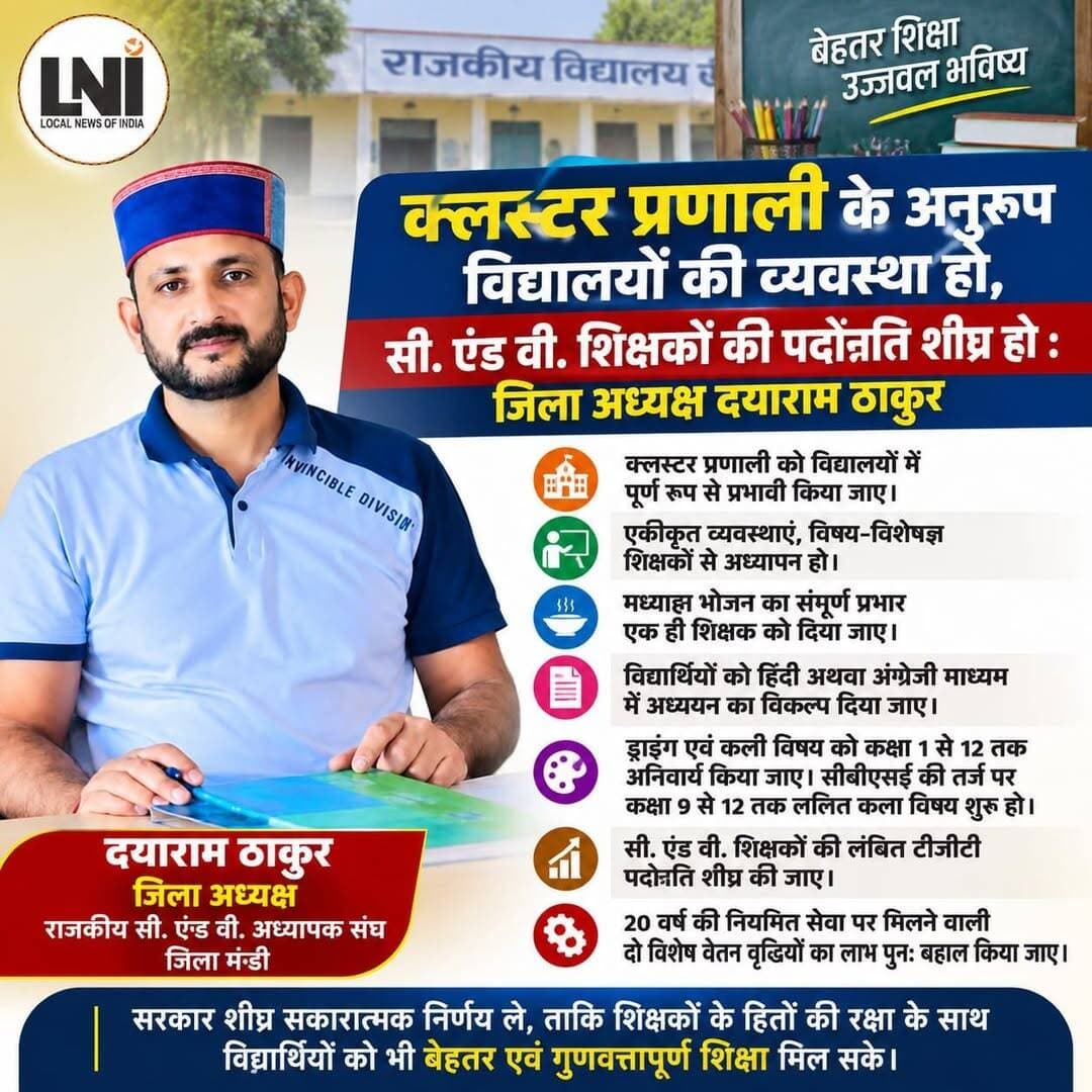 क्लस्टर प्रणाली के अनुरूप विद्यालयों की व्यवस्था हो, सी. एंड वी. शिक्षकों की टीजीटी पदोन्नति शीघ्र की जाए : दयाराम ठाकुर
मंडी। राजकीय सी. एंड वी. अध्यापक संघ, जिला मंडी के जिला अध्यक्ष दयाराम ठाकुर ने मुख्यमंत्री, शिक्षा मंत्री, शिक्षा सचिव एवं शिक्षा निदेशक हिमाचल प्रदेश से मांग की है कि प्रदेश में लागू क्लस्टर प्रणाली को विद्यालयों में पूर्ण रूप से प्रभावी किया जाए तथा लंबे समय से लंबित सी. एंड वी. शिक्षकों की टीजीटी पदोन्नति प्रक्रिया शीघ्र पूरी की जाए।
दयाराम ठाकुर ने कहा कि एक क्लस्टर के अंतर्गत आने वाले प्राथमिक एवं उच्च प्राथमिक विद्यालयों की व्यवस्थाओं को एकीकृत किया जाना चाहिए। मध्याह्न भोजन का संपूर्ण प्रभार एक ही शिक्षक को दिया जाए तथा क्लस्टर स्तर पर समय-सारणी बनाकर प्रत्येक विषय का अध्यापन संबंधित विषय-विशेषज्ञ शिक्षक से करवाया जाए।
उन्होंने विद्यार्थियों को उनकी सुविधा एवं रुचि के अनुसार हिंदी अथवा अंग्रेजी माध्यम में अध्ययन का विकल्प देने की मांग भी उठाई। साथ ही ड्राइंग एवं कला विषय को कक्षा 1 से 12 तक अनिवार्य करने तथा कक्षा 9 से 12 तक सीबीएसई की तर्ज पर ललित कला (Fine Arts) विषय शुरू करने की मांग की।
उन्होंने कहा कि ड्राइंग एवं कला की पाठ्यपुस्तकों के प्रकाशन से पहले कला एवं शिल्प के विषय-विशेषज्ञ शिक्षकों की टीम से उनकी विषयवस्तु की समीक्षा करवाई जानी चाहिए, ताकि विद्यार्थियों को गुणवत्तापूर्ण एवं उपयोगी सामग्री उपलब्ध हो सके।
जिला अध्यक्ष ने कहा कि सी. एंड वी. शिक्षकों की टीजीटी पदोन्नति लंबे समय से लंबित है, जबकि अन्य शिक्षक संवर्गों की पदोन्नति प्रक्रिया आगे बढ़ चुकी है। इसलिए पात्र शिक्षकों को शीघ्र पदोन्नति का लाभ दिया जाए।
उन्होंने 20 वर्ष की नियमित सेवा पूर्ण करने पर सी. एंड वी. शिक्षकों को मिलने वाली दो विशेष वेतन वृद्धियों का लाभ बंद करने संबंधी अधिसूचना को वापस लेने तथा पूर्व व्यवस्था के अनुसार सेवा लाभ बहाल करने की भी मांग की।
दयाराम ठाकुर ने सरकार से आग्रह किया कि क्लस्टर प्रणाली, विषय-विशेषज्ञ शिक्षकों के समुचित उपयोग, मध्याह्न भोजन, कला शिक्षा, पाठ्यपुस्तक निर्माण, पदोन्नति एवं सेवा लाभ से जुड़े मामलों पर शीघ्र सकारात्मक निर्णय लिया जाए, ताकि शिक्षकों के हितों की रक्षा के साथ विद्यार्थियों को बेहतर एवं गुणवत्तापूर्ण शिक्षा मिल सके।