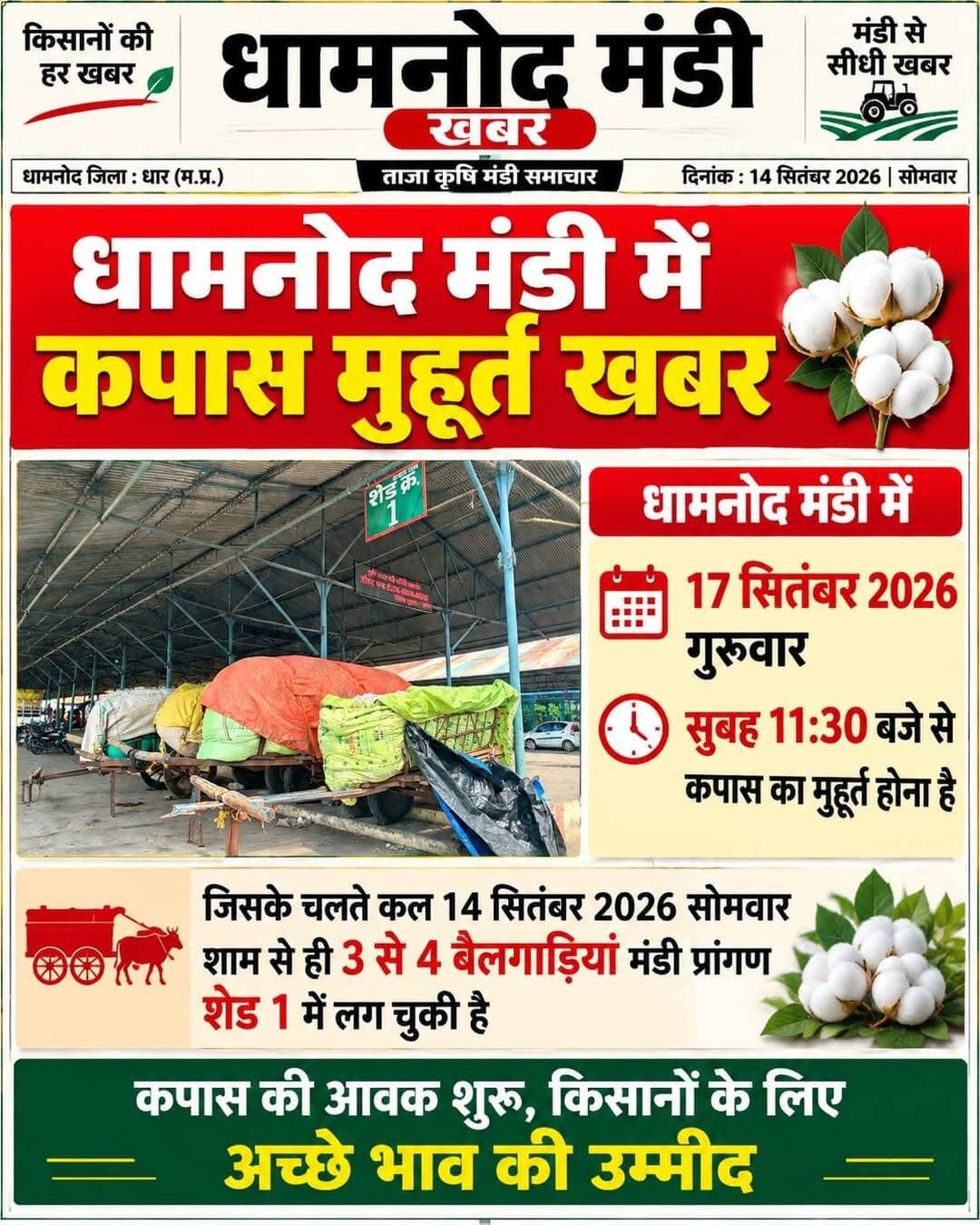धामनोद मंडी में कपास का मुहूर्त 17 सितंबर 2026 गुरुवार को होना है
जिसके चलते मंडी में कल 14 सितंबर 2026 सोमवार से ही मंडी में कपास की बैलगाड़ियां लग चुकी है...
Dhamnod Mandi Bhav - धामनोद मंडी भाव <nis:link nis:type=tag nis:id=dhamnodmandibhav nis:value=dhamnodmandibhav nis:enabled=true nis:link/> <nis:link nis:type=tag nis:id=viralpost nis:value=viralpost nis:enabled=true nis:link/> <nis:link nis:type=tag nis:id=dailypost nis:value=dailypost nis:enabled=true nis:link/> <nis:link nis:type=tag nis:id=kapaskamuhurt nis:value=kapaskamuhurt nis:enabled=true nis:link/> <nis:link nis:type=tag nis:id=kapasmandibhav nis:value=kapasmandibhav nis:enabled=true nis:link/> <nis:link nis:type=tag nis:id=kapaskabhav nis:value=kapaskabhav nis:enabled=true nis:link/> <nis:link nis:type=tag nis:id=kapaskarate nis:value=kapaskarate nis:enabled=true nis:link/>