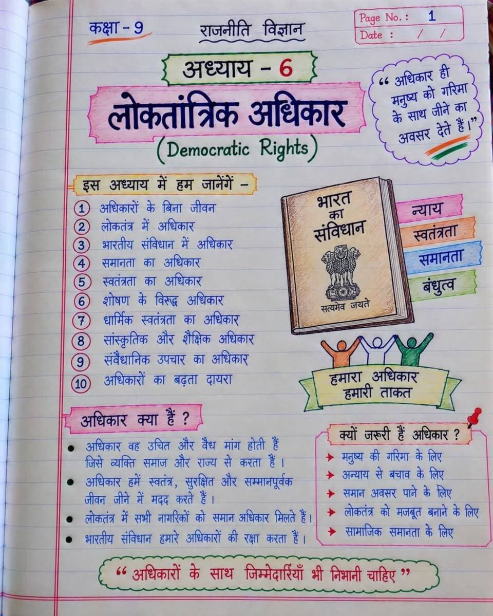 📚 कक्षा 9 | राजनीति विज्ञान/ Lesson 6
लोकतंत्र में अधिकार क्यों ज़रूरी हैं? 🤔
इस अध्याय के महत्वपूर्ण नोट्स एक ही पेज पर ✍️
📌 पढ़िए • सेव कीजिए • अपने दोस्तों के साथ शेयर कीजिए।
आपके अनुसार सबसे महत्वपूर्ण लोकतांत्रिक अधिकार कौन-सा है? कमेंट में बताइए 👇
#DemocraticRights #LoktantrikAdhikar #Class9Civics #PoliticalScience #NCERT Class9Notes HindiNotes SocialScience SSTNotes StudyNotes ExamPreparation SchoolNotes Education StudyGram StudyWithMe BiharBoard UPBoard MPBoard SSCPreparation StudentLife EducationReels Notes ViralReels InstagramEducation FacebookEducation