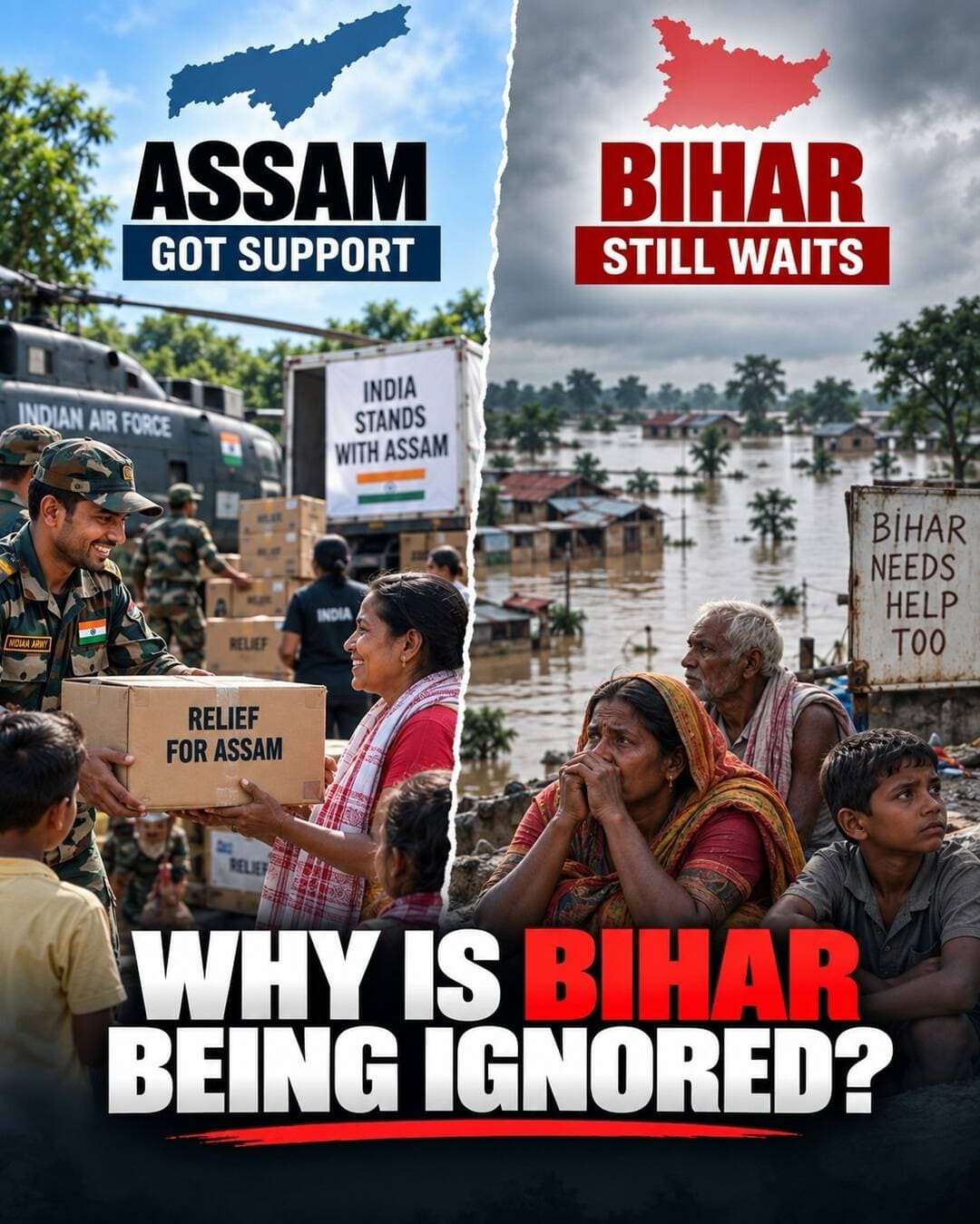 Bihar is still waiting. 🌊💔
While Assam received widespread rescue and relief support during the floods, thousands of people in Bihar are still struggling with flooded homes, disrupted livelihoods, and limited access to basic necessities.
This isn’t about comparing suffering. It’s about asking why every flood-affected community doesn’t receive the same urgency, attention and support.
Bihar needs more than sympathy.
It needs relief. Rehabilitation. Resources. And action.
📍 Bihar Floods | Flood Relief | Bihar Flood Crisis | Disaster Management
Share this post. Let Bihar’s voice be heard.
.
.
.
.
.
.
#patna #bihar #bihari #patnaites #india