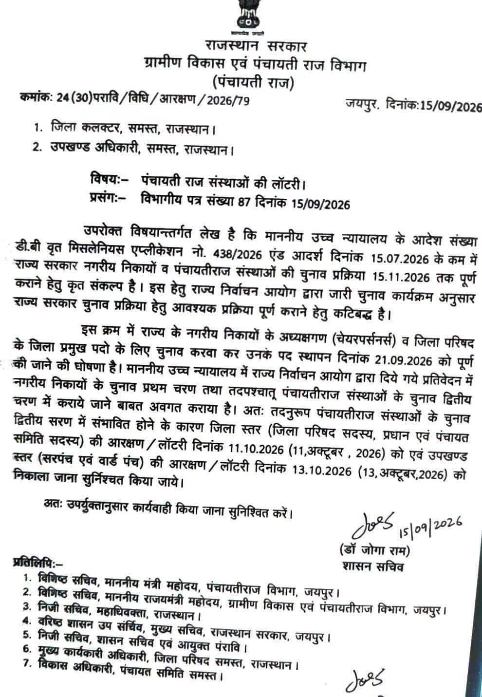 सरपंच लॉटरी का नया आदेश जारी : 11 अक्टूबर 2026 को प्रधान, जिला परिषद सदस्य, पंचायत समिति सदस्य की लॉटरी निकलेगी एवं 13 अक्टूबर 2026 को सरपंच एवं वार्ड पंचो की लॉटरी निकलेगी।