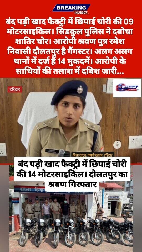 बंद पड़ी खाद फैक्ट्री में छिपाई चोरी की 14 मोटरसाइकिल। सिडकुल पुलिस ने गिरफ्तार किया श्रवण। आरोपी श्रवण पर दर्ज हैं गैंगस्टर समेत 14 मुकदमें। हरिद्वार के दौलतपुर गांव का निवासी ...