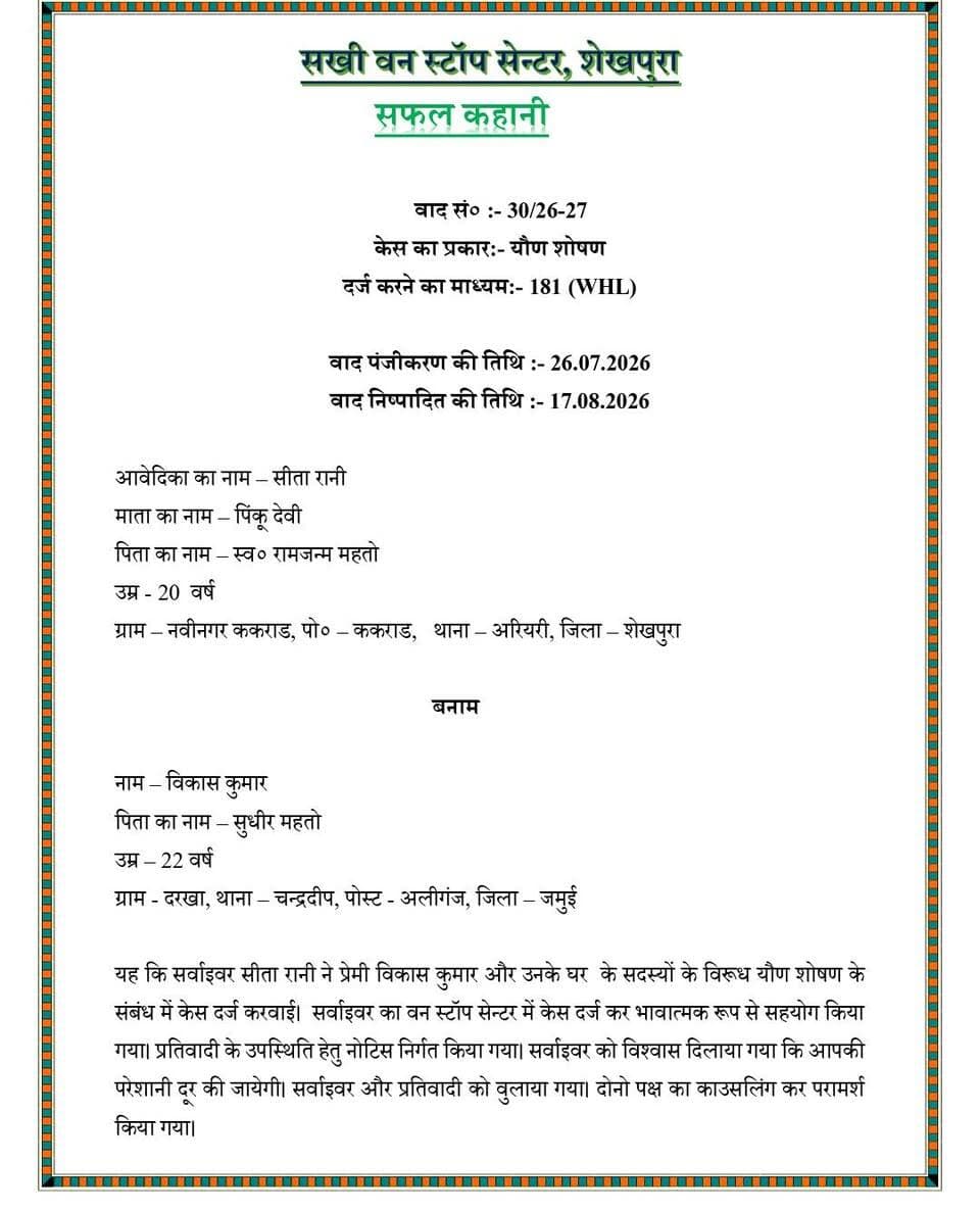 सखी वन स्टॉप सेंटर, शेखपुरा द्वारा किया गया समाधान।
Information & Public Relations Department, Government of Bihar
Social Welfare Department, Government of Bihar