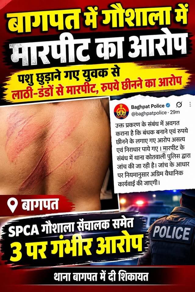 बागपत में पशु छुड़ाने गए युवक से मारपीट का आरोप, SPCA गौशाला संचालक समेत 3 पर गंभीर आरोप
बागपत। पशु क्रूरता अधिनियम के मामले में पकड़ी गई भैंस को छुड़ाने के बाद उसे SPCA गौशाला ले जाने पहुंचे युवक ने गौशाला संचालक समेत तीन लोगों पर मारपीट, जबरन बंधक बनाने और रुपये छीनने के गंभीर आरोप लगाए हैं। मामले को लेकर युवक ने थाना बागपत में शिकायत देकर कार्रवाई की मांग की है।
शिकायतकर्ता हुजेफा पुत्र हाजी नवाब, निवासी मोहल्ला कैतीपुरा, पुराना कस्बा बागपत ने बताया कि 14 सितंबर 2026 को वह पशु क्रूरता अधिनियम की धारा 3/11 के मामले में पकड़ी गई अपनी भैंस को छुड़ाने के लिए न्यायालय गया था।
शिकायत के मुताबिक न्यायालय से पशु रिलीज कराने के बाद थाने में मौजूद एचएम ने एक पर्ची देकर भैंस को सिसाना गांव के पास स्थित SPCA गौशाला में ले जाने के लिए कहा।
आरोप है कि गौशाला पहुंचने पर संचालक डॉ. जितेंद्र और दो अज्ञात व्यक्तियों ने शिकायतकर्ता और उसके साथी को गौशाला में जबरन बंद कर दिया।
शिकायतकर्ता का आरोप है कि आरोपियों ने जान से मारने की नीयत से लाठी-डंडों से मारपीट की और रुपये भी जबरन छीन लिए।
शोर सुनकर पुलिस को बुलाया गया, जिसके बाद शिकायतकर्ता और उसके साथी को बंधन से मुक्त कराया गया। शिकायत में शरीर पर चोटों का उल्लेख करते हुए मेडिकल जांच कराने की मांग की गई है।
शिकायतकर्ता ने थाना प्रभारी से मेडिकल परीक्षण कराकर रिपोर्ट दर्ज करने और आरोपियों के खिलाफ कानूनी कार्रवाई की मांग की है। पुलिस जांच के बाद ही आरोपों की वास्तविक स्थिति स्पष्ट हो सकेगी।
आपकी क्या राय है? कमेंट करके बताएं।
Baghpat Police
#Baghpat #BaghpatNews #BaghpatPolice #SPCA #Goshala #BreakingNews #UPNews #CrimeNews