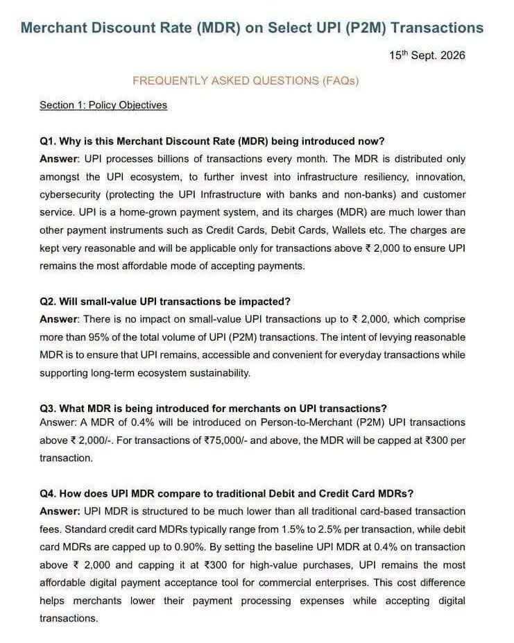 #UPI : UPI के नए नियम बड़े कठिन और टेक्निकल शब्दों में लिखे हुए हैं। अगर ठीक से नहीं समझाया गया तो रायता बहुत फैल जाएगा। एक-एक प्वाइंट अच्छे से समझाने के लिए कहें, क्योंकि UPI चलाने वाला गरीब आदमी बैंक की भाषा नहीं समझ सकता है। मैंने सारे points पढ़े हैं, टोटल 42 Points हैं। अगर ठीक से कोई पढ़े, समझे या समझा दे तो नियम ऐसे बने हैं कि...
1. 100 में से 96 ग्राहक को कुछ एक्सट्रा नहीं खर्च करना होगा
2. रेहड़ी पटरी लगाने वाले, फल सब्जी बेचने वाले, किसी भी छोटे कारोबारी को एक पैसा एक्सट्रा नहीं देना होगा। एक लाख रुपए महीने का कारोबार करने वाले दुकानदार को एक पैसा नहीं देना है।
3. Zero MDR यानि अगर आपको एक पैसा भी UPI के लिए नहीं देना है, और आप मरचेंट यानि कारोबारी हैं, व्यापारी हैं तब भी आपको GST रिजस्ट्रेशन जरूरी नहीं है।
4. गांव के लोगों को, गांव के दुकानदारों को, गांव के व्यापारियों को कोई एक्सट्रा पैसा नहीं देना है।
5. जागो ग्राहक जागो: नियम एकदम साफ है, 34वां प्वाइंट में लिखा है। एक्सट्रा पैसा ग्राहक नहीं देगा। जिन दुकानदारों के UPI खाते में लगातार तीन महीने एक लाख से ज्यादा क्रेडिट होगा, उसे बड़ा दुकानदार माना जाएगा। उसे ही 0.4 परसेंट यानि तीन हजार रुपए का सामान बेचने पर 12 रुपए देने होंगे। लेकिन 1 लाख का सामान बेचने पर चार सौ रुपए नहीं देने हैं। मैक्सिमम MDR यानि चार्ज 300 रुपए ही होगा। मतलब अगर कोई बड़ा व्यापारी दो लाख की बिक्री करता है तब भी वो 300 रुपए ही MDR चुकाएगा।
टेबल ऐसे समझिए
बिक्री MDR
2,000 0
3,000 12 रुपये
50,000 200 रुपए
75,000 और ज़्यादा 300 रुपए
