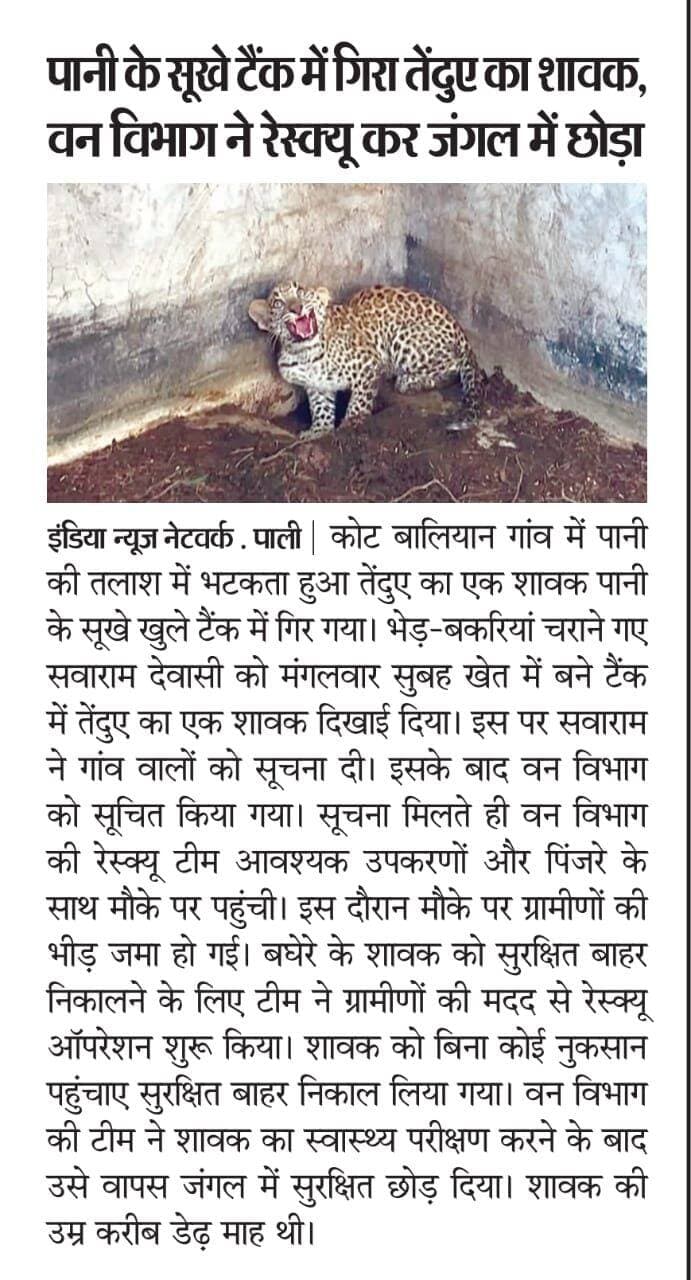 पानी के सूखे टैंक में गिरा तेंदुए का शावक, वन विभाग ने रेस्क्यू कर जंगल में छोड़ा रिपोर्ट प्रहलादसिंह