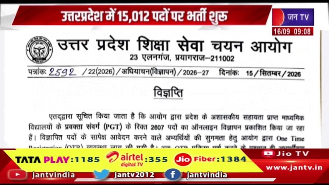 Uttar Pradesh में 15,012 पदों पर भर्ती शुरू| योगी सरकार में शिक्षक बनने का सुनहरा मौका | Jantv