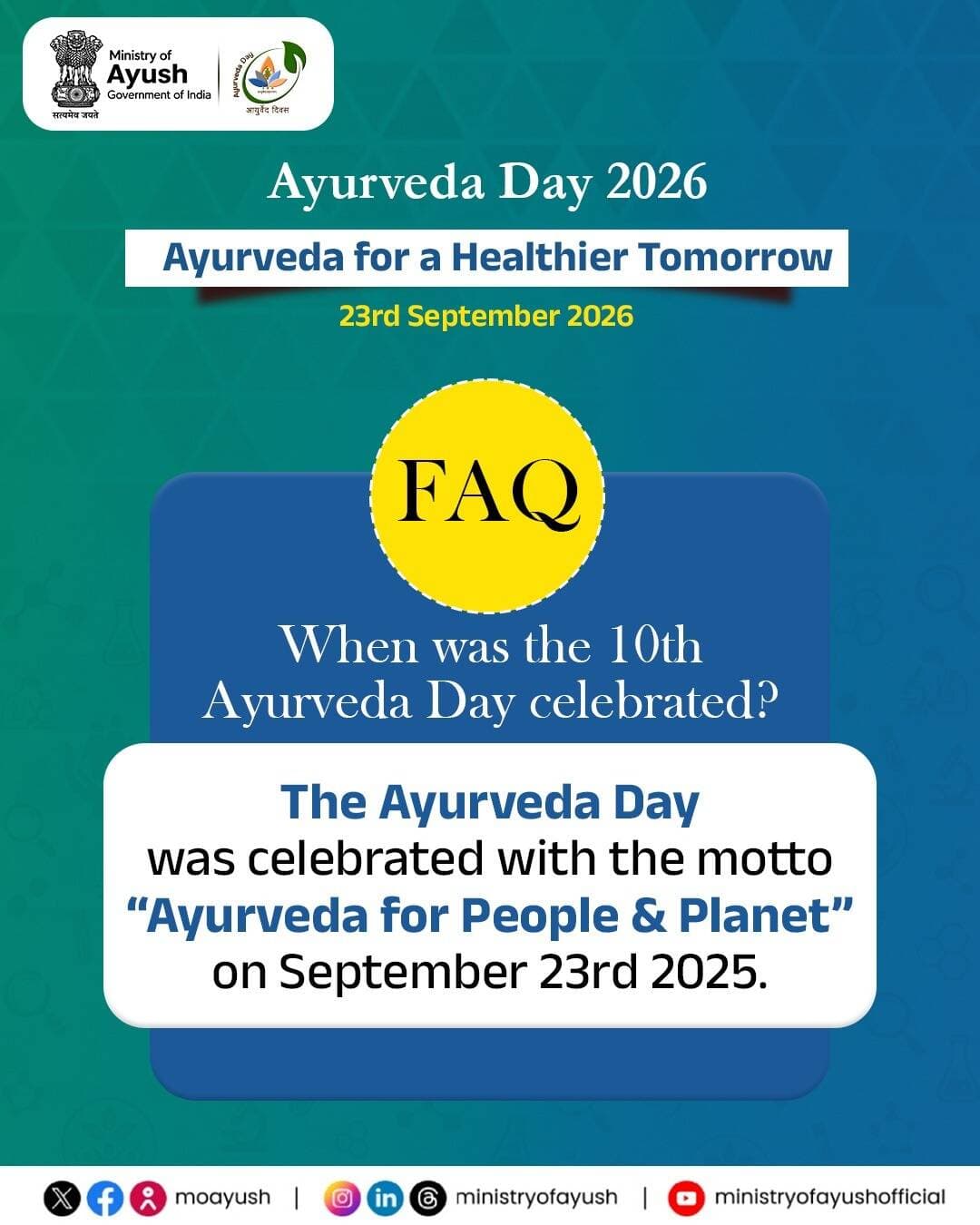 The 10th Ayurveda Day, celebrated on 23rd September 2025, marked a decade of celebrating Ayurveda Day in India. With the theme “Ayurveda for People & Planet,” the occasion highlighted the role of Ayurveda in promoting health and well being while encouraging a greater connection between people, health and the environment.
As we move towards Ayurveda Day 2026, let’s continue to learn, engage and make Ayurveda a part of everyday life.
<nis:link nis:type=tag nis:id=ayurvedaforahealthiertomorrow nis:value=AyurvedaForAHealthierTomorrow nis:enabled=true nis:link/> <nis:link nis:type=tag nis:id=onehealthonefuture nis:value=OneHealthOneFuture nis:enabled=true nis:link/> <nis:link nis:type=tag nis:id=ayurvedaday2026 nis:value=AyurvedaDay2026 nis:enabled=true nis:link/>
The 10th Ayurveda Day, celebrated on 23rd September 2025, marked a decade of celebrating Ayurveda Day in India. With the theme “Ayurveda for People & Planet,” the occasion highlighted the role of Ayurveda in promoting health and well being while encouraging a greater connection between people, health and the environment.
As we move towards Ayurveda Day 2026, let’s continue to learn, engage and make Ayurveda a part of everyday life.
<nis:link nis:type=tag nis:id=ayurvedaforahealthiertomorrow nis:value=AyurvedaForAHealthierTomorrow nis:enabled=true nis:link/> <nis:link nis:type=tag nis:id=onehealthonefuture nis:value=OneHealthOneFuture nis:enabled=true nis:link/> <nis:link nis:type=tag nis:id=ayurvedaday2026 nis:value=AyurvedaDay2026 nis:enabled=true nis:link/>
@mppratapraojadhao @ccras_moayush @nationalinstituteofayurveda @aiia_gov @itrajamnagar