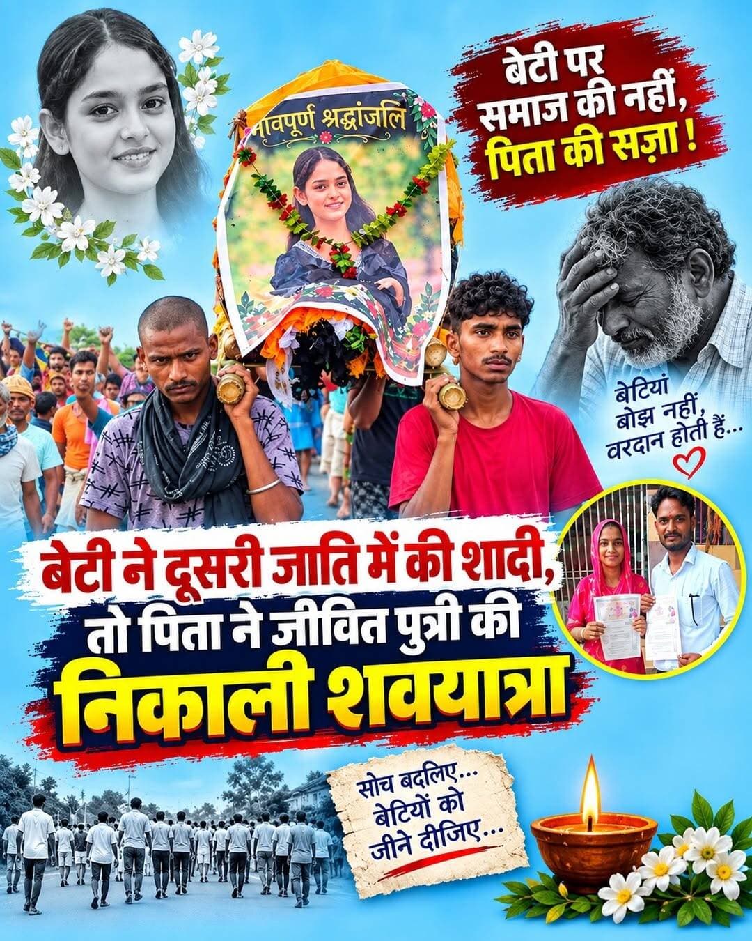 अंतरजातीय विवाह से नाराज पिता ने अपनी जीवित बेटी का ही ‘अंतिम संस्कार’ कर दिया। चपय गांव में पिता ने बेटी का पुतला बनाया, अर्थी सजाई, शवयात्रा निकाली और श्मशान घाट पर मुखाग्नि दी। इस घटना ने सामाजिक सोच और रिश्तों को लेकर कई सवाल खड़े कर दिए।
<nis:link nis:type=tag nis:id=अंतरजातीयविवाह nis:value=अंतरजातीयविवाह nis:enabled=true nis:link/> <nis:link nis:type=tag nis:id=चपयगांव nis:value=चपयगांव nis:enabled=true nis:link/> <nis:link nis:type=tag nis:id=चौंकानेवालामामला nis:value=चौंकानेवालामामला nis:enabled=true nis:link/> <nis:link nis:type=tag nis:id=सामाजिकसोच nis:value=सामाजिकसोच nis:enabled=true nis:link/> <nis:link nis:type=tag nis:id=बेटी nis:value=बेटी nis:enabled=true nis:link/>
