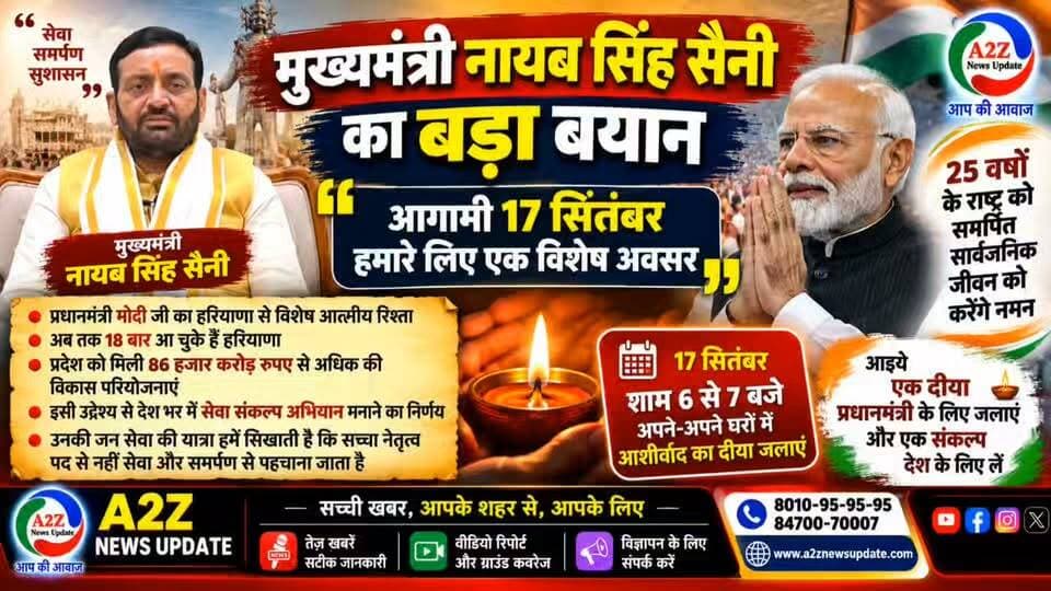 मुख्यमंत्री नायब सिंह सैनी का बड़ा बयान—17 सितंबर को जलाएं सेवा संकल्प का दीया
👉प्रधानमंत्री नरेंद्र मोदी के 25 वर्षों के सार्वजनिक जीवन को नमन, शाम 6 से 7 बजे घरों में जलाएं आशीर्वाद का दीया।
#NayabSinghSaini #PMModi #SevaSankalpAbhiyan #17September #HaryanaNews #HaryanaCM #FaridabadNews #SevaSankalp #A2ZNewsUpdate #BreakingNews
Nayab Saini MLA Rajesh Nagar Office of the Prime Minister-Ethiopia Pradhan Mantri Awas Yojana - Urban, Government of India PMO India I Support Vipul Goel Vipul Goel We For Vipul