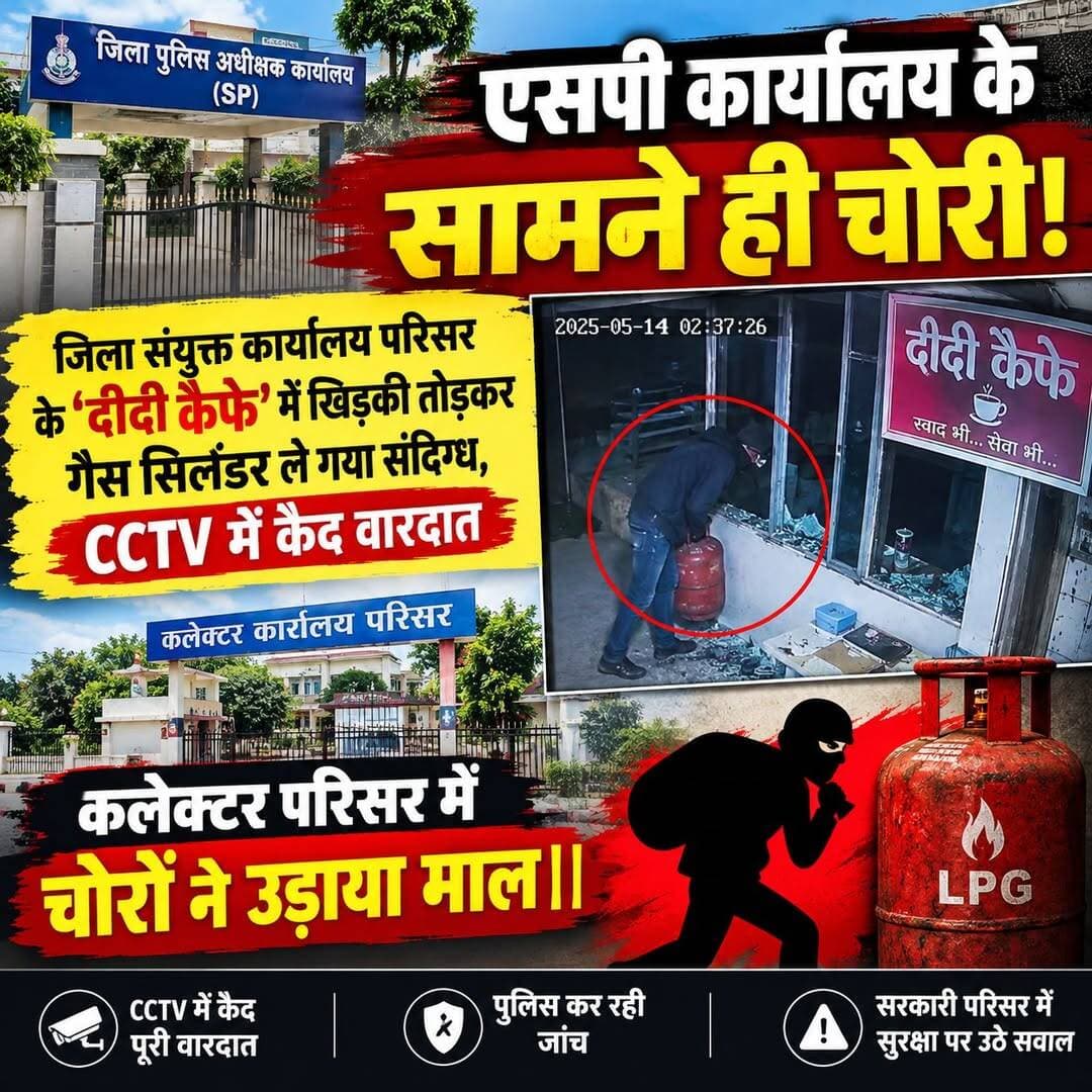 एसपी कार्यालय के सामने ही चोरी!
जिला संयुक्त कार्यालय परिसर के ‘दीदी कैफे’ में खिड़की तोड़कर गैस सिलेंडर ले गया संदिग्ध, CCTV में कैद वारदात