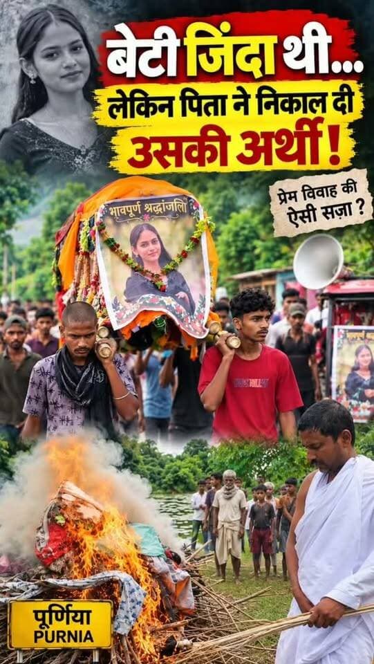 जीते-जी बेटी की निकाली अर्थी, दिया अंतिम संस्कार!
पूर्णिया (बिहार) से एक हैरान और दुखी कर देने वाला मामला सामने आया है, जहां अंतरजातीय प्रेम विवाह (Inter-caste Marriage) से नाराज एक पिता ने अपनी जीवित बेटी का पुतला बनाकर उसकी बाकायदा अर्थी निकाली और दाह संस्कार कर दिया। पूर्णिया के चपय गांव (गंगेली पंचायत) की रहने वाली लड़की को किसी दूसरे जाति के लड़के से प्यार था। जब परिवार शादी के लिए तैयार नहीं हुआ, तो दोनों ने घर से भागकर शादी कर ली। बेटी के इस फैसले से दुखी पिता मनोज गोस्वामी ने हमेशा के लिए उससे रिश्ता खत्म कर दिया। पिता का कहना था कि उन्होंने मेहनत की कमाई से बेटी को पढ़ाया-लिखाया, लेकिन उसके इस कदम से परिवार की सामाजिक प्रतिष्ठा मिट्टी में मिल गई। आक्रोशित पिता ने ग्रामीणों की मौजूदगी में बेटी का पुतला बनवाया, ढोल-बाजे के साथ उसकी अर्थी निकालकर पूरे गांव में घुमाया और फिर गांव के बाहर ले जाकर मुखाग्नि दे दी। पिता ने कहा-अब मेरे लिए मेरी बेटी मर चु�
