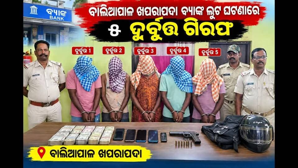 #ବାଲିଆପାଳ_ଖପରାପଦା_ଓଡ଼ିଶା_ଗ୍ରାମ୍ୟ_ବ୍ୟାଙ୍କରୁ_ଦିନ_ଦ୍ବିପହର ରେ #ବନ୍ଧୁକ_ଏବଂ_ମାରଣାସ୍ତ୍ର_ଦେଖାଇ_ଡକାୟତି ଘଟଣାରେ ୫ ଜଣ ଦୁର୍ବୁତ୍ତ ଗିରଫ |
#Baliapal #khaparapada #baleswar #bhara_News_odia