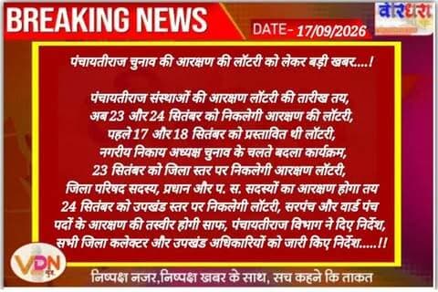 पंचायतीराज चुनाव की आरक्षण की लॉटरी को लेकर बड़ी खबर....!
पंचायतीराज संस्थाओं की आरक्षण लॉटरी की तारीख तय,
अब 23 और 24 सितंबर को निकलेगी आरक्षण की लॉटरी,
पहले 17 और 18 सितंबर को प्रस्तावित थी लॉटरी,
नगरीय निकाय अध्यक्ष चुनाव के चलते बदला कार्यक्रम,
23 सितंबर को जिला स्तर पर निकलेगी आरक्षण लॉटरी,
जिला परिषद सदस्य, प्रधान और प. स. सदस्यों का आरक्षण होगा तय
24 सितंबर को उपखंड स्तर पर निकलेगी लॉटरी, सरपंच और वार्ड पंच
पदों के आरक्षण की तस्वीर होगी साफ, पंचायतीराज विभाग ने दिए निर्देश,
सभी जिला कलेक्टर और उपखंड अधिकारियों को जारी किए निर्देश.....!!
#panchaytiraj #vdn #chittorgarh #news #trending