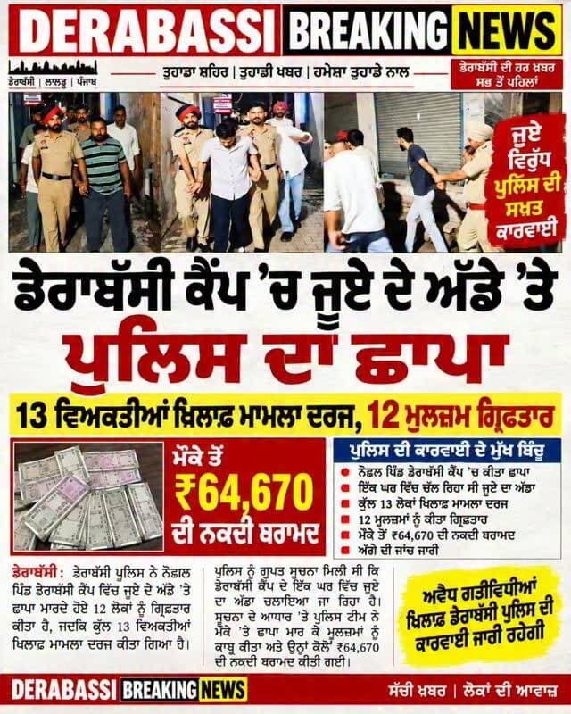 ਡੇਰਾਬੱਸੀ ’ਚ ਜੂਏ ਦੇ ਅੱਡੇ ’ਤੇ ਪੁਲਿਸ ਦੀ ਵੱਡੀ ਕਾਰਵਾਈ
13 ਵਿਅਕਤੀਆਂ ਖ਼ਿਲਾਫ਼ ਮਾਮਲਾ ਦਰਜ, 12 ਮੁਲਜ਼ਮ ਗ੍ਰਿਫ਼ਤਾਰ
💰 ₹64,670 ਦੀ ਨਕਦੀ ਬਰਾਮਦ
👮♂️ ਪੁਲਿਸ ਨੇ ਨੋਡਲ ਪਿੰਡ ਡੇਰਾਬੱਸੀ ਕੈਂਪ ਵਿੱਚ ਕੀਤੀ ਕਾਰਵਾਈ
ਪੁਲਿਸ ਵੱਲੋਂ ਜੂਏ ਦਾ ਧੰਦਾ ਚਲਾਉਣ ਵਾਲਿਆਂ ਖ਼ਿਲਾਫ਼ ਕਾਰਵਾਈ ਜਾਰੀ। ਗ੍ਰਿਫ਼ਤਾਰ ਮੁਲਜ਼ਮਾਂ ਨੂੰ ਅਦਾਲਤ ਵਿੱਚ ਪੇਸ਼ ਕੀਤਾ ਗਿਆ