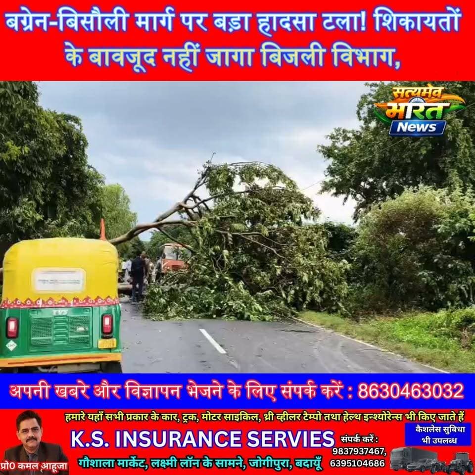 बग्रेन-बिसौली मार्ग पर बड़ा हादसा टला! शिकायतों के बावजूद नहीं जागा बिजली विभाग, पेड़ गिरने से मची अफरा-तफरी #Budaun #Bisauli #BreakingNews #ElectricityDepartment #UPNews #BudaunNews #ViralNews #LatestNews सत्यमेव भारत न्यूज Tejan Rastogi Gaurav Shankhdhar