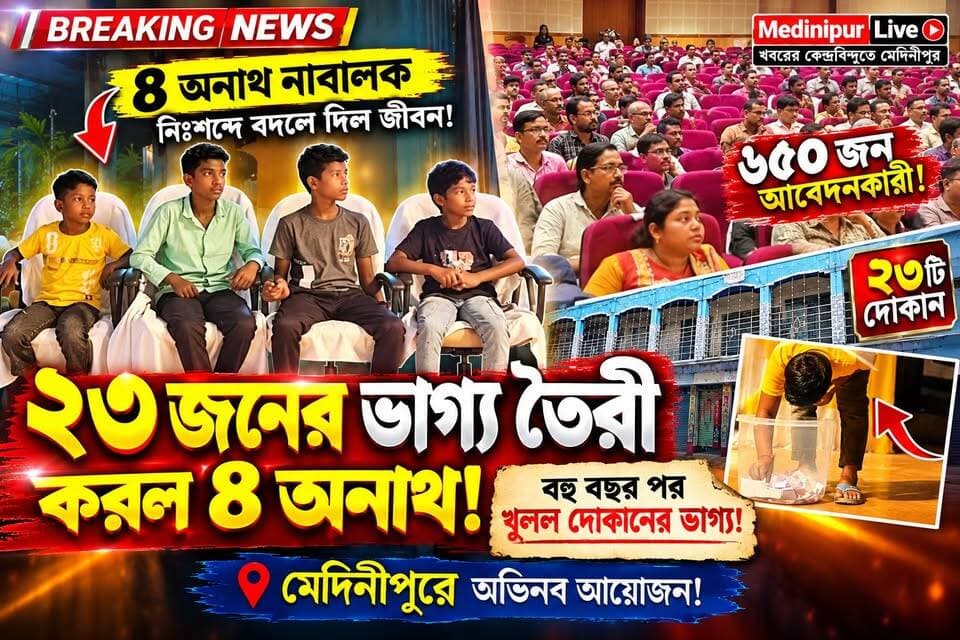 ৬৫০ জনের অপেক্ষার অবসান! মেদিনীপুরে নজর কাড়ল অনাথ শিশুদের ভূমিকা
#মেদিনীপুর #মেদিনীপুরেরখবর #পশ্চিমমেদিনীপুর #দোকানবিলি #লটারিখবর #জেলাপরিষদ #মেদিনীপুরশহর