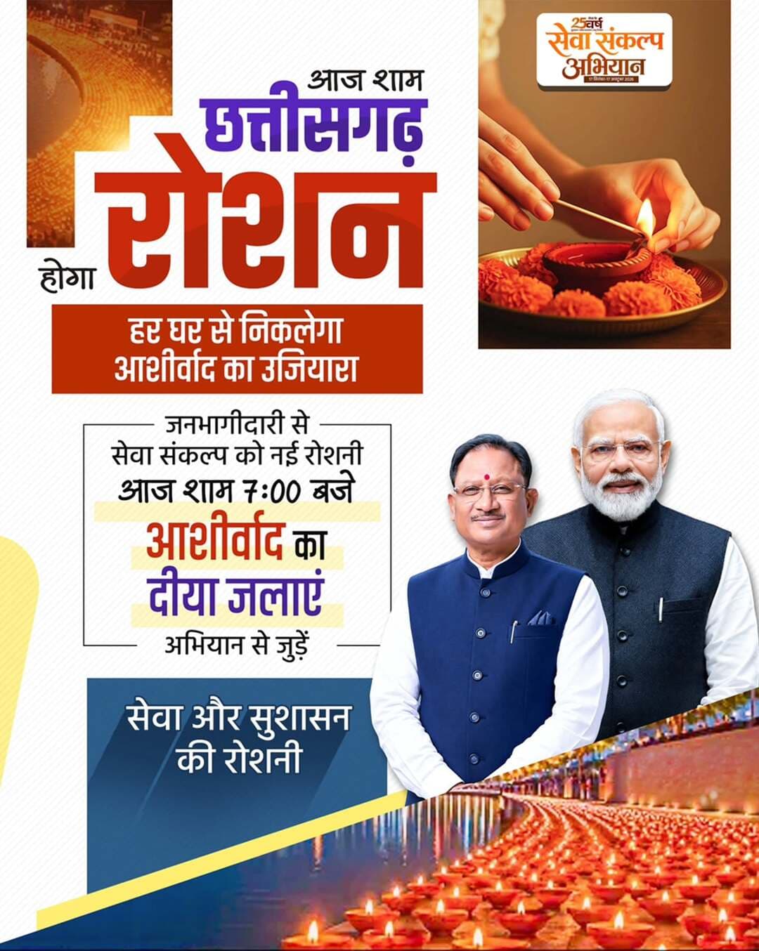 आज शाम छत्तीसगढ़ होगा रोशन… 🪔
प्रधानमंत्री श्री नरेंद्र मोदी जी के 25 वर्षों के सेवा यात्रा में हर जरूरतमंद तक पक्के घर, स्वास्थ्य सुरक्षा, निःशुल्क राशन, बैंकिंग सुविधा, किसान कल्याण और रोजगार के अवसर पहुंचे हैं। देश ने उन्नति और समृद्धि का नया सवेरा देखा है। इसी सेवाभाव को व्यापक रूप दे रहा है ‘सेवा संकल्प अभियान’।
आइए, इस अभियान के तहत 17 सितंबर को शाम 7 बजे ‘आशीर्वाद का दीया’ जलाएं और सेवा के संकल्प से जुड़ें।
<nis:link nis:type=tag nis:id=सेवा_संकल्प_अभियान nis:value=सेवा_संकल्प_अभियान nis:enabled=true nis:link/> <nis:link nis:type=tag nis:id=आशीर्वाद_का_दीया nis:value=आशीर्वाद_का_दीया nis:enabled=true nis:link/> <nis:link nis:type=tag nis:id=ashirwadkadiya nis:value=AshirwadKaDiya nis:enabled=true nis:link/> <nis:link nis:type=tag nis:id=sevasankalpabhiyan nis:value=SevaSankalpAbhiyan nis:enabled=true nis:link/> <nis:link nis:type=tag nis:id=sevasankalp nis:value=SevaSankalp nis:enabled=true nis:link/> JanSeva JanBhagidari ViksitChhattisgarh SevaSeVikas CGkeAshirwadkaDiya sevasankalpabhiyan modiat25 vishnubhaiya
