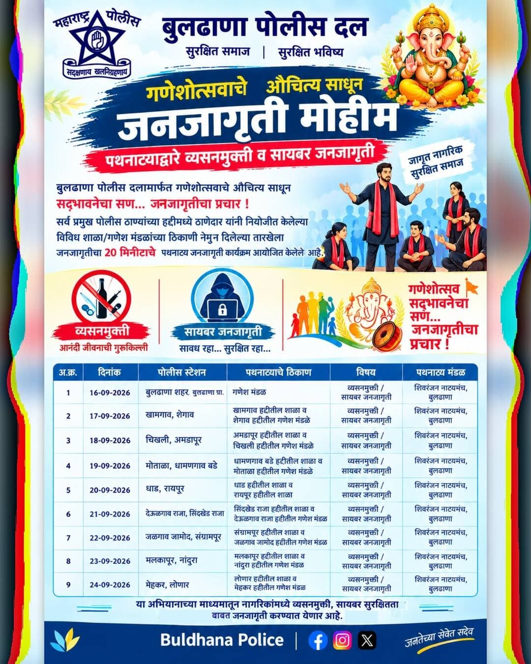 बुलढाणा जिल्हा पोलीस दलातर्फे विविध पोलिस ठाणे हद्दीतील नेमून देण्यात आलेल्या शाळा/ गणेश मंडळाच्या ठिकाणी व्यसनमुक्ती व सायबर जनजागृती पथनाट्य कार्यक्रमाचे आयोजन करण्यात आले आहे.
<nis:link nis:type=tag nis:id=buldhanadistrict nis:value=buldhanadistrict nis:enabled=true nis:link/>
<nis:link nis:type=tag nis:id=buldhanapolice nis:value=buldhanapolice nis:enabled=true nis:link/>
<nis:link nis:type=tag nis:id=cyberawareness nis:value=cyberawareness nis:enabled=true nis:link/>