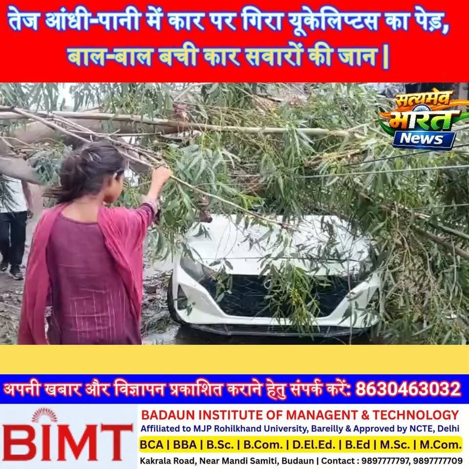 तेज आंधी-पानी में कार पर गिरा यूकेलिप्टस का पेड़, बाल-बाल बची कार सवारों की जान | दातागंज में बड़ा हादसा #BreakingNews #Budaun #Dataganj #Storm #Rain #RoadAccident #BudaunNews #UttarPradeshNews #SatyamevBharatNews सत्यमेव भारत न्यूजLav Rajput Rana Tejan Rastogi