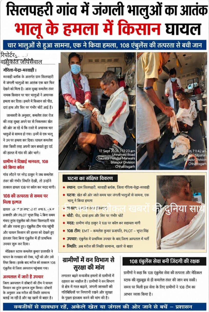 मरवाही में भालू का हमला किसान घायल उपचार जारी
