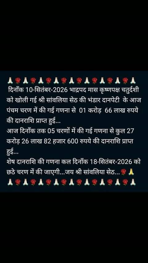 मेवाड़ के कृष्णधाम श्री सांवलिया सेठ मंदिर में भंडार दानराशि की गणना जारी है। 10 सितंबर 2026 को खोले गए भंडार की 5वें चरण की गणना में 1 करोड़ 66 लाख रुपये की दानराशि प्राप्त हुई। इसके साथ ही अब तक 5 चरणों की गणना में कुल 27 करोड़ 26 लाख 82 हजार 600 रुपये की दानराशि प्राप्त हो चुकी है। शेष दानराशि की गणना 18 सितंबर 2026 को छठे चरण में की जाएगी। 🙏🌹 जय श्री सांवलिया सेठ।
🏷️ टैग
#सांवलियासेठ #श्रीसांवलियासेठ #सांवलियाजी #मंडफिया #कृष्णधाम दानराशि भंडारगणना चित्तौड़गढ़ मेवाड़ राजस्थान HelloChittorgarh SanwariyaSeth Sanwaliyaji