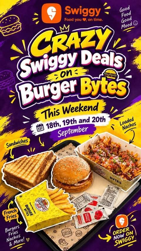Cravings ke sath savings bhi🥳🔥 Starting at ₹39Only😍😍😍😍😍😍
Is week 18th, 19th & 20th ko enjoy karo ye kamal ke deals only at @burgerbytesindia on Swiggy App✨
Order Now🙌🏻
No repost✅