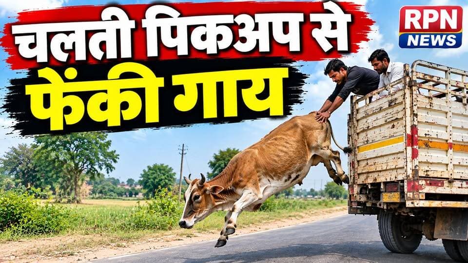रेवाड़ी # गो तस्करों का दुस्साहस * पिकअप के टायर पंचर होने पर रिम पर भगाते रहे तस्कर * तीन गाय को फेंककर फरार