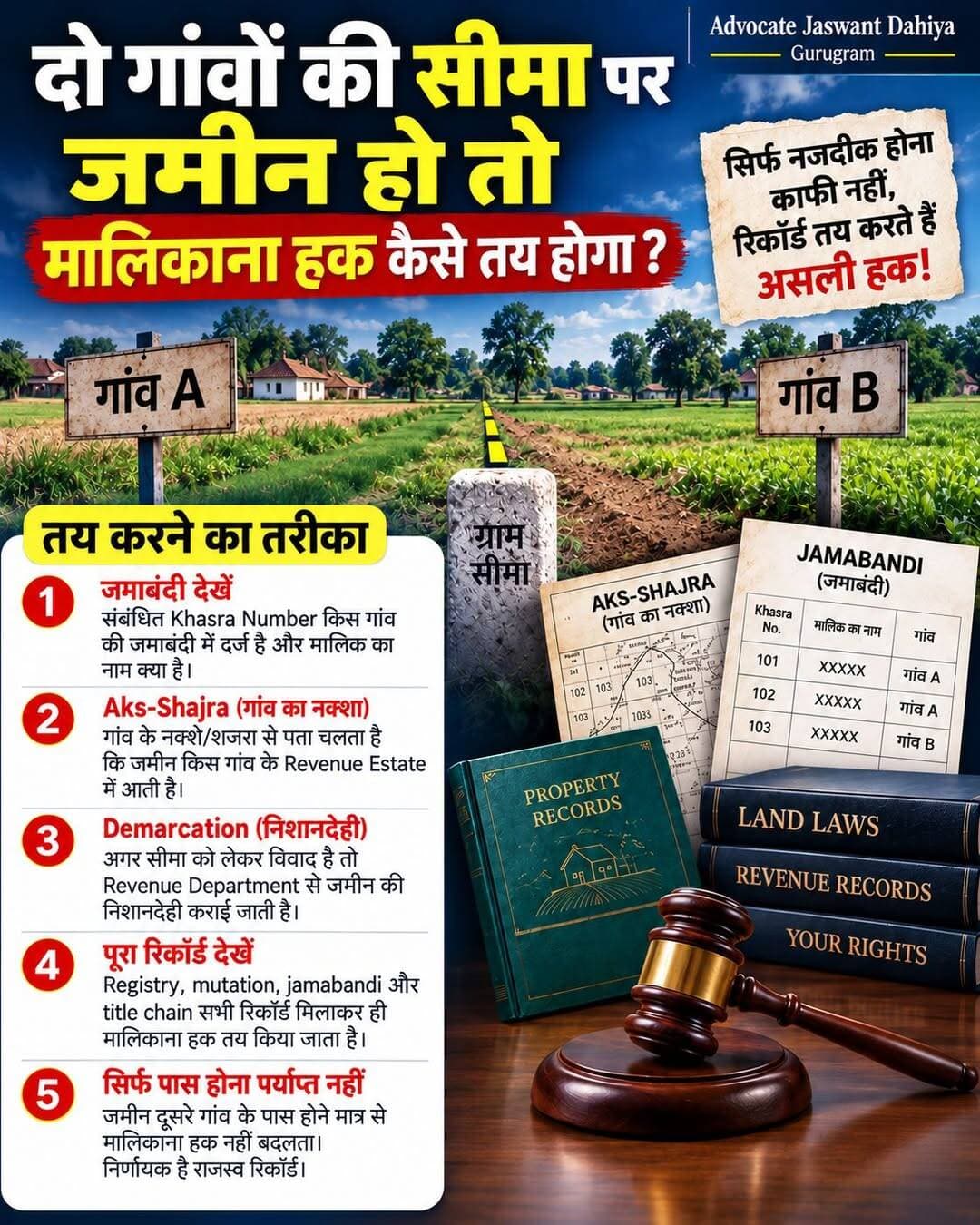 दो गांवों की सीमा पर जमीन है तो सिर्फ गांव के पास होने से मालिकाना हक तय नहीं होता। ⚖️
जमाबंदी, खसरा नंबर, अक्स-शजरा, म्यूटेशन और जरूरत पड़ने पर सरकारी निशानदेही जैसे रिकॉर्ड महत्वपूर्ण होते हैं।
📌 जमीन से जुड़े अधिकारों की सही जानकारी के लिए रिकॉर्ड जरूर जांचें।
⚖️ यह पोस्ट केवल कानूनी जागरूकता के उद्देश्य से है। अपने मामले में योग्य अधिवक्ता से सलाह लें।
<nis:link nis:type=tag nis:id=legalawareness nis:value=LegalAwareness nis:enabled=true nis:link/> <nis:link nis:type=tag nis:id=landdispute nis:value=LandDispute nis:enabled=true nis:link/> <nis:link nis:type=tag nis:id=propertyrights nis:value=PropertyRights nis:enabled=true nis:link/> <nis:link nis:type=tag nis:id=jamabandi nis:value=Jamabandi nis:enabled=true nis:link/> <nis:link nis:type=tag nis:id=haryanalandrecords nis:value=HaryanaLandRecords nis:enabled=true nis:link/>