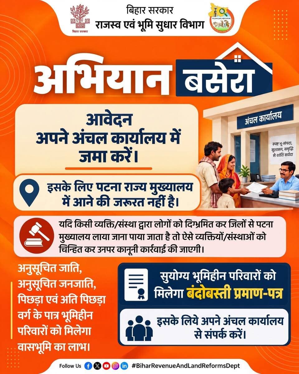 अभियान बसेरा
आवेदन अपने अंचल कार्यालय में जमा करें।
इसके लिए पटना राज्य मुख्यालय में जाने की जरूरत नहीं है।
यदि किसी व्यक्ति/संस्था द्वारा लोगों को दिग्भ्रमित कर जिलों से पटना मुख्यालय लाया जाना पाया जाता है तो ऐसे व्यक्तियों/संस्थाओं को चिन्हित कर उनपर कानूनी कार्रवाई की जाएगी।
सुयोग्य भूमिहीन परिवारों को मिलेगा बंदोबस्ती प्रमाण-पत्र
इसके लिये अपने अंचल कार्यालय से संपर्क करें।
अनुसूचित जाति, अनुसूचित जनजाति, पिछड़ा एवं अति पिछड़ा वर्ग के पात्र भूमिहीन परिवारों को मिलेगा वासभूमि का लाभ।
Samrat Choudhary
Revenue and Land Reforms Dept, Govt. of Bihar
#ViksitBihar
#JanKalyan
#samratchoudharyfans