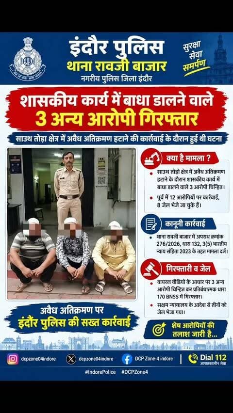 🚨 शासकीय कार्य में बाधा पर सख्त कार्रवाई 🚨
थाना रावजी बाजार पुलिस द्वारा साउथ तोड़ा क्षेत्र में अतिक्रमण हटाने की कार्रवाई के दौरान शासकीय कार्य में बाधा डालने वाले 03 अन्य आरोपियों को चिन्हित कर प्रतिबंधात्मक कार्रवाई की गई।
सक्षम न्यायालय के आदेश से तीनों को जेल भेजा गया।
पूर्व में 12 आरोपियों पर कार्रवाई, 08 को जेल भेजा जा चुका है।
शेष आरोपियों की तलाश जारी है।
#IndorePolice #DCPZone4 #RaujiBazar #PoliceAction #IndoreSafety