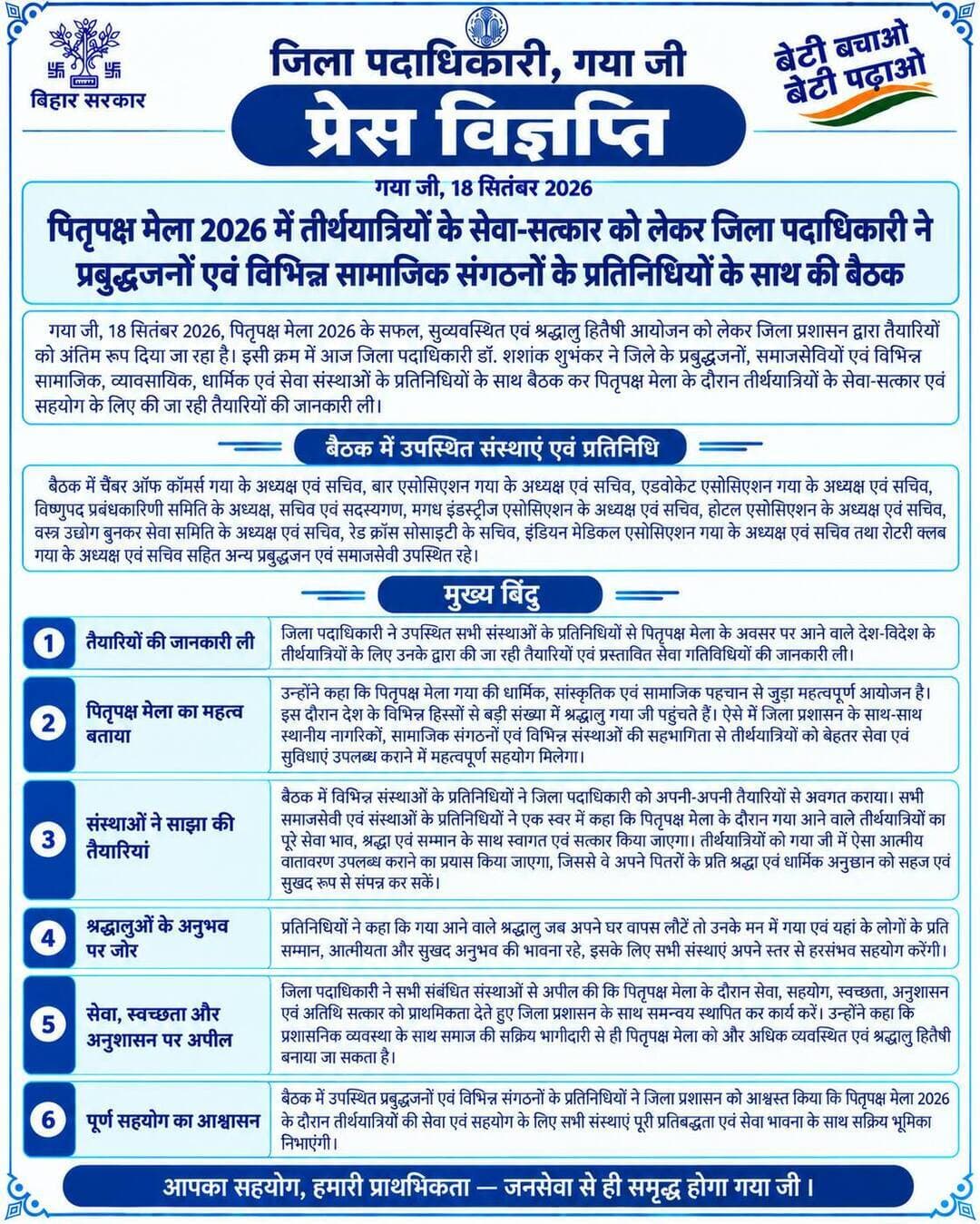 🚨 प्रेस विज्ञप्ति 🚨
गया जी।18 सितंबर 2026
पितृपक्ष मेला 2026 में तीर्थयात्रियों के सेवा-सत्कार को लेकर जिलाधिकारी ने प्रबुद्धजनों एवं विभिन्न सामाजिक संगठनों के प्रतिनिधियों के साथ की बैठक
गया जी, 18 सितंबर 2026, पितृपक्ष मेला 2026 के सफल, सुव्यवस्थित एवं श्रद्धालु हितैषी आयोजन को लेकर जिला प्रशासन द्वारा तैयारियों को अंतिम रूप दिया जा रहा है। इसी क्रम में आज जिला पदाधिकारी डॉ. शशांक शुभंकर ने जिले के प्रबुद्धजनों, समाजसेवियों एवं विभिन्न सामाजिक, व्यावसायिक, धार्मिक एवं सेवा संस्थाओं के प्रतिनिधियों के साथ बैठक कर पितृपक्ष मेला के दौरान तीर्थयात्रियों के सेवा-सत्कार एवं सहयोग के लिए की जा रही तैयारियों की जानकारी ली।
बैठक में चैंबर ऑफ कॉमर्स गया के अध्यक्ष एवं सचिव, बार एसोसिएशन गया के अध्यक्ष एवं सचिव, एडवोकेट एसोसिएशन गया के अध्यक्ष एवं सचिव, विष्णुपद प्रबंधकारिणी समिति के अध्यक्ष, सचिव एवं सदस्यगण, मगध इंडस्ट्रीज एसोसिएशन के अध्यक्ष एवं सचिव, होटल एसोसिएशन के अध्यक्ष एवं सचिव, वस्त्र उद्योग बुनकर सेवा समिति के अध्यक्ष एवं सचिव, रेड क्रॉस सोसाइटी के सचिव, इंडियन मेडिकल एसोसिएशन गया के अध्यक्ष एवं सचिव तथा रोटरी क्लब गया के अध्यक्ष एवं सचिव सहित अन्य प्रबुद्धजन एवं समाजसेवी उपस्थित रहे।
जिला पदाधिकारी ने उपस्थित सभी संस्थाओं के प्रतिनिधियों से पितृपक्ष मेला के अवसर पर आने वाले देश-विदेश के तीर्थयात्रियों के लिए उनके द्वारा की जा रही तैयारियों एवं प्रस्तावित सेवा गतिविधियों की जानकारी ली। उन्होंने कहा कि पितृपक्ष मेला गया की धार्मिक, सांस्कृतिक एवं सामाजिक पहचान से जुड़ा महत्वपूर्ण आयोजन है। इस दौरान देश के विभिन्न हिस्सों से बड़ी संख्या में श्रद्धालु गया जी पहुंचते हैं। ऐसे में जिला प्रशासन के साथ-साथ स्थानीय नागरिकों, सामाजिक संगठनों एवं विभिन्न संस्थाओं की सहभागिता से तीर्थयात्रियों को बेहतर सेवा एवं सुविधाएं उपलब्ध कराने में महत्वपूर्ण सहयोग मिलेगा।
बैठक में विभिन्न संस्थाओं के प्रतिनिधियों ने जिला पदाधिकारी को अपनी-अपनी तैयारियों से अवगत कराया। सभी समाजसेवी एवं संस्थाओं के प्रतिनिधियों ने एक स्वर में कहा कि पितृपक्ष मेला के दौरान गया आने वाले तीर्थयात्रियों का पूरे सेवा भाव, श्रद्धा एवं सम्मान के साथ स्वागत एवं सत्कार किया जाएगा। तीर्थयात्रियों को गया जी में ऐसा आत्मीय वातावरण उपलब्ध कराने का प्रयास किया जाएगा, जिससे वे अपने पितरों के प्रति श्रद्धा एवं धार्मिक अनुष्ठान को सहज एवं सुखद रूप से संपन्न कर सकें।
प्रतिनिधियों ने कहा कि गया आने वाले श्रद्धालु जब अपने घर वापस लौटें तो उनके मन में गया एवं यहां के लोगों के प्रति सम्मान, आत्मीयता और सुखद अनुभव की भावना रहे, इसके लिए सभी संस्थाएं अपने स्तर से हरसंभव सहयोग करेंगी।
जिला पदाधिकारी ने सभी संबंधित संस्थाओं से अपील की कि पितृपक्ष मेला के दौरान सेवा, सहयोग, स्वच्छता, अनुशासन एवं अतिथि सत्कार को प्राथमिकता देते हुए जिला प्रशासन के साथ समन्वय स्थापित कर कार्य करें। उन्होंने कहा कि प्रशासनिक व्यवस्था के साथ समाज की सक्रिय भागीदारी से ही पितृपक्ष मेला को और अधिक व्यवस्थित एवं श्रद्धालु हितैषी बनाया जा सकता है।
बैठक में उपस्थित प्रबुद्धजनों एवं विभिन्न संगठनों के प्रतिनिधियों ने जिला प्रशासन को आश्वस्त किया कि पितृपक्ष मेला 2026 के दौरान तीर्थयात्रियों की सेवा एवं सहयोग के लिए सभी संस्थाएं पूरी प्रतिबद्धता एवं सेवा भावना के साथ सक्रिय भूमिका निभाएंगी।
CMO Bihar Information & Public Relations Department, Government of Bihar DD News Bihar Press Information Bureau - PIB, Government of India Prasar Bharati News Services
#gayaji #spiritualgrowth #sanatandharma #facebookpost #FacebookPage
